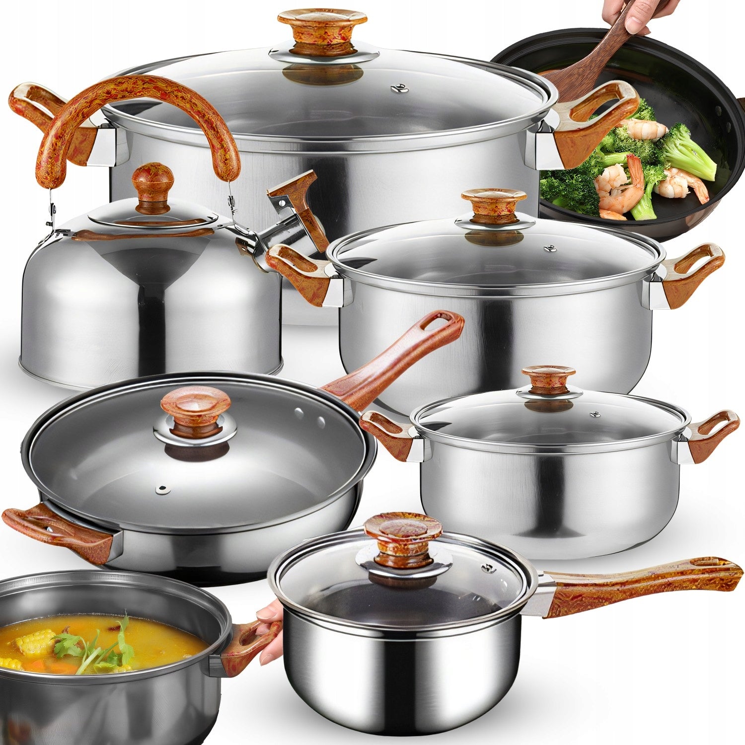 SET OF KITCHEN POTS 11 EL. GAS INDUCTION KETTLE PAN + LIDS Packaging status original