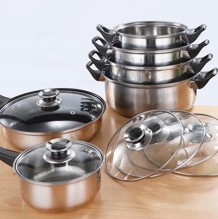 SET OF KITCHEN POTS SET + LID PAN 12 STEEL ELEMENTS Color silver