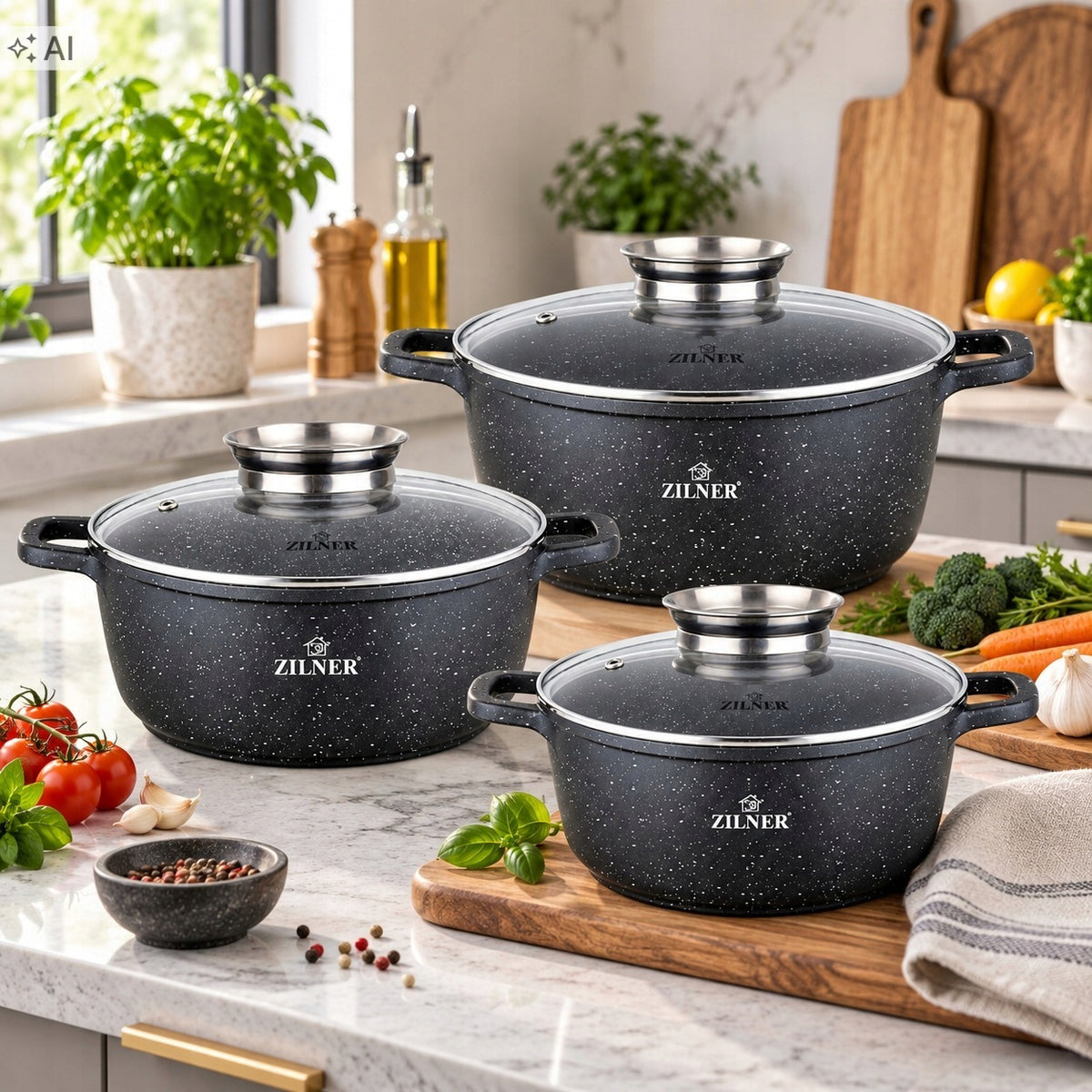 SET OF MARBLED POTS FOR INDUCTION GAS SET OF POTS 6 EL ZILNER Manufacturer code 7020