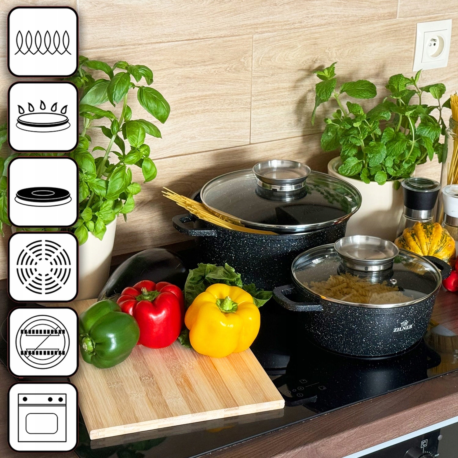 SET OF MARBLED POTS INDUCTION FOR GAS SET OF POTS 12 ELE LIDS Number of items in the set 12