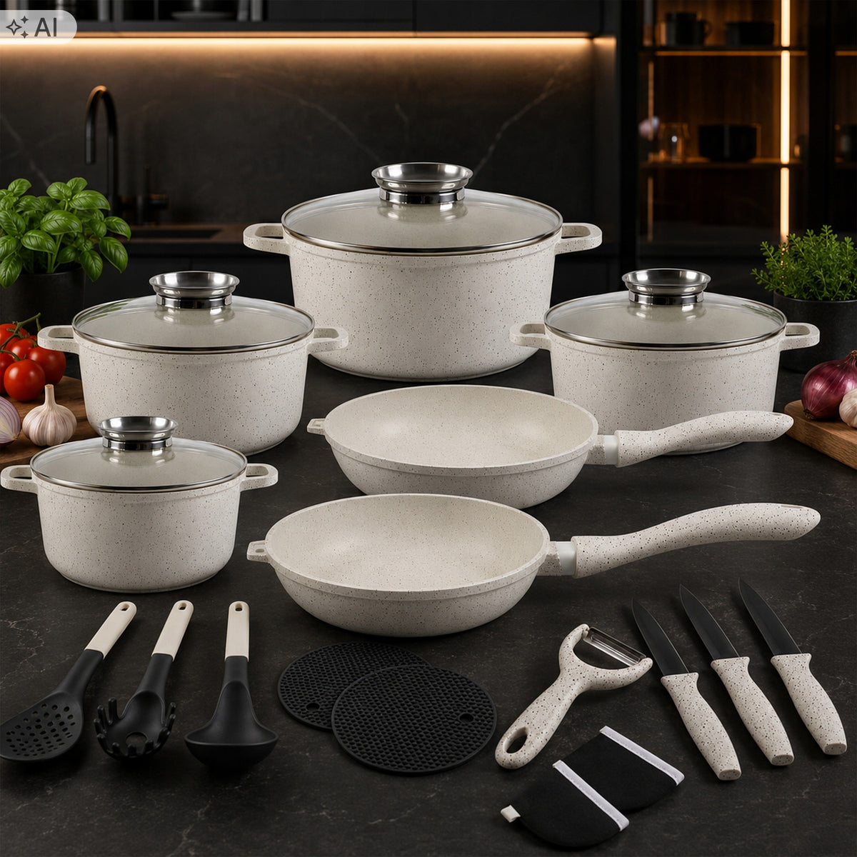 SET OF MARBLED POTS INDUCTION GAS BEIGE POTS PAN SET Brand Zilner