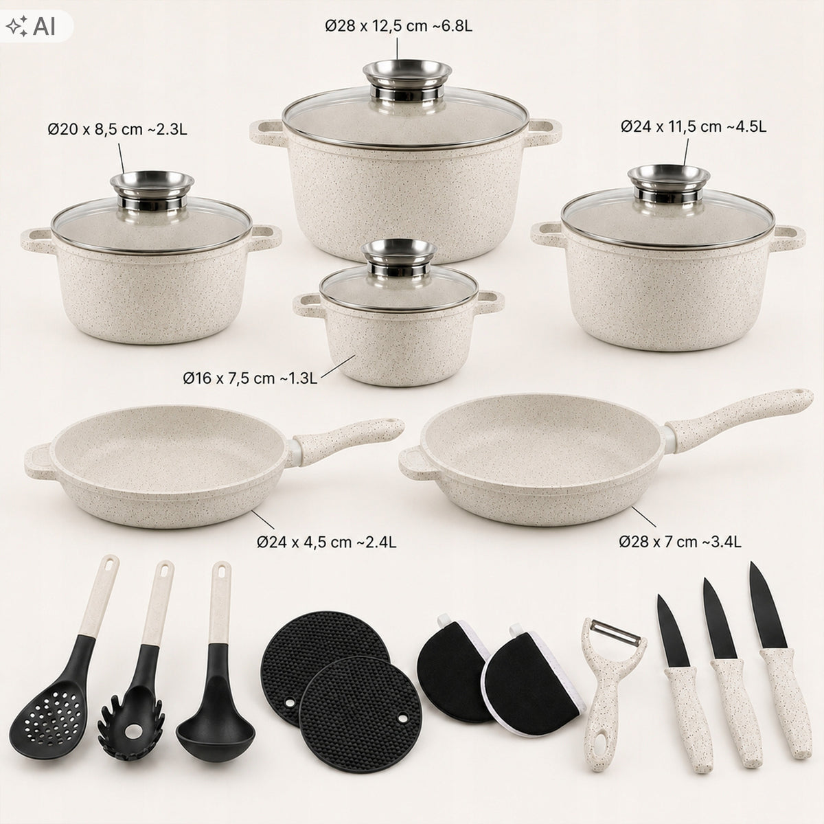 SET OF MARBLED POTS INDUCTION GAS BEIGE POTS PAN SET Manufacturer code ZL 8575
