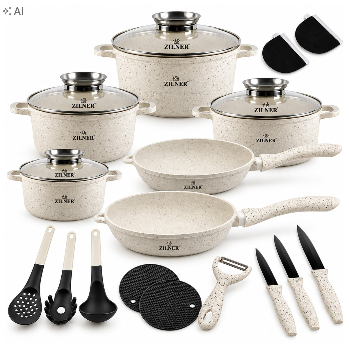 SET OF MARBLED POTS INDUCTION GAS BEIGE POTS PAN SET