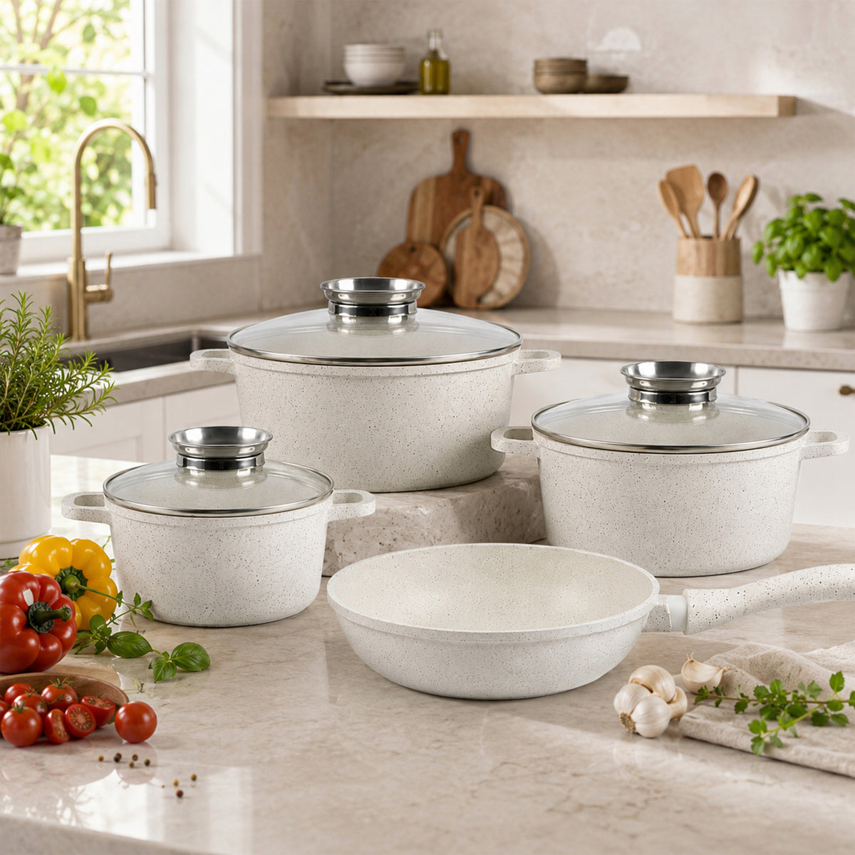 SET OF MARBLED POTS INDUCTION GAS POTS PAN SET 21ELE BEIGE Packaging status original