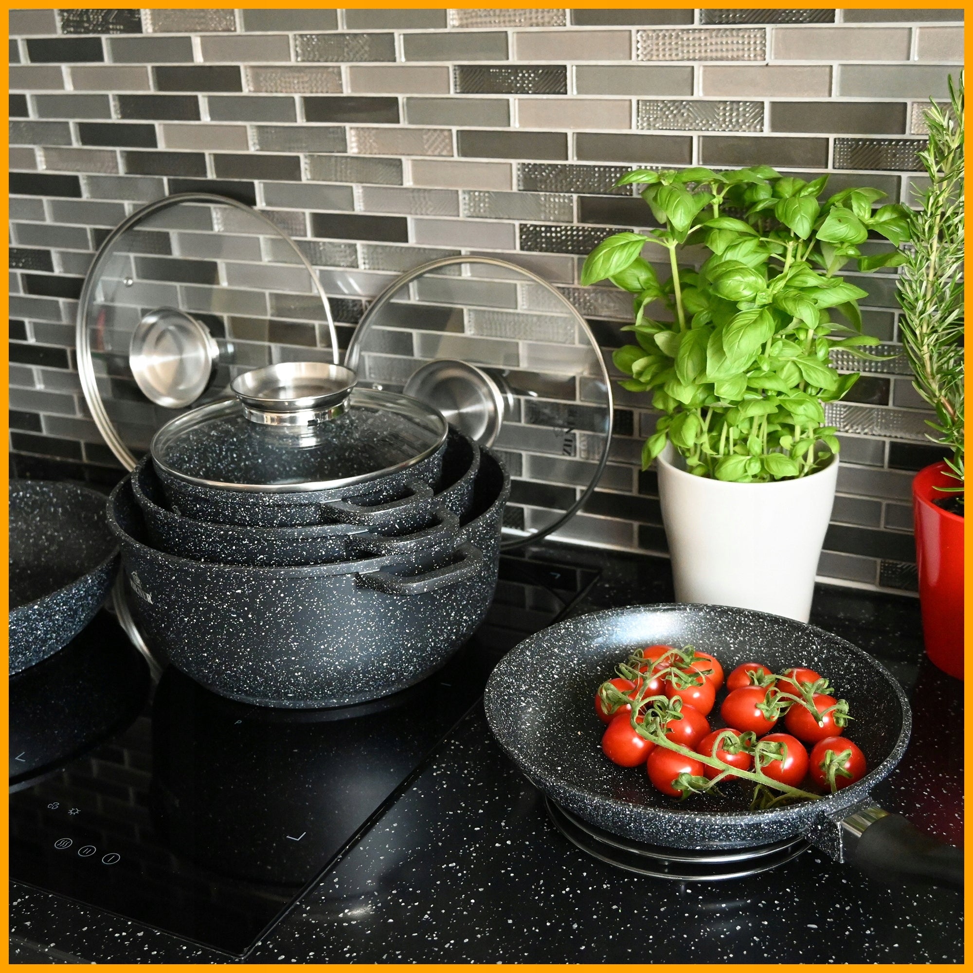 SET OF MARBLED POTS INDUCTION GAS SET OF POTS PAN SAUCEPAN Number of items in the set 14