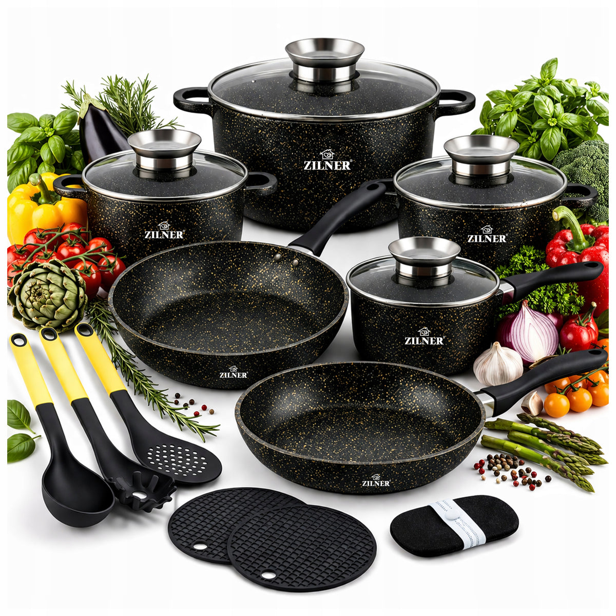SET OF MARBLED POTS INDUCTION GAS SET OF POTS PAN SAUCEPAN Packaging status original