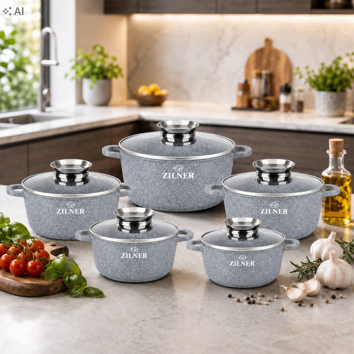 SET OF MARBLED POTS SET OF POTS 10 ELE INDUCTION GAS LID Packaging status original