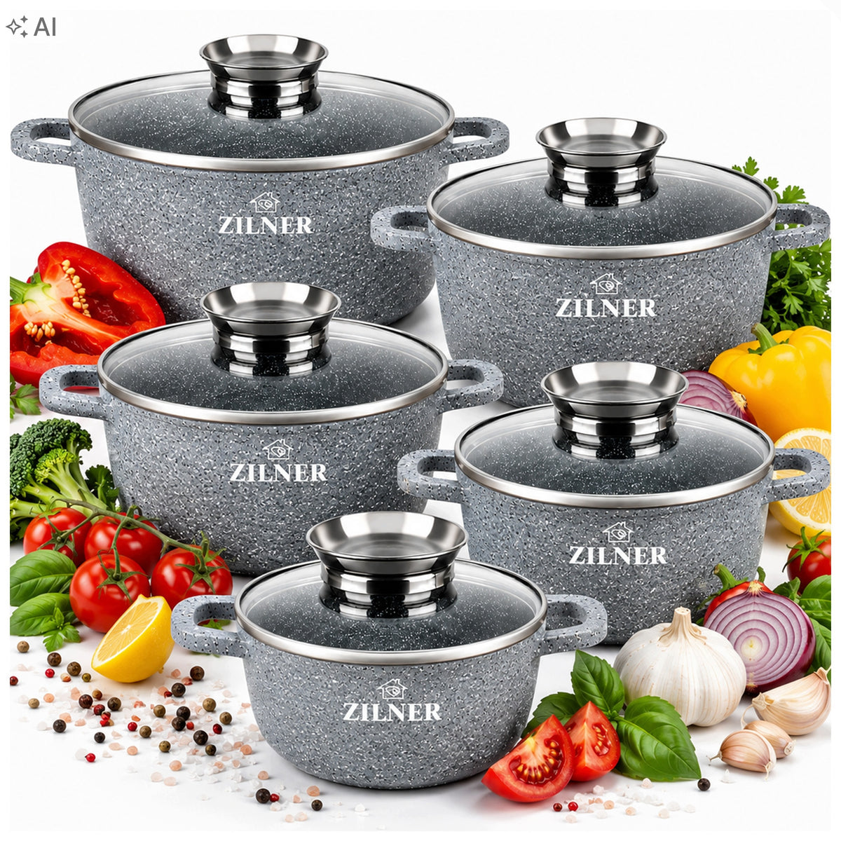 SET OF MARBLED POTS SET OF POTS 10 ELE INDUCTION GAS LID