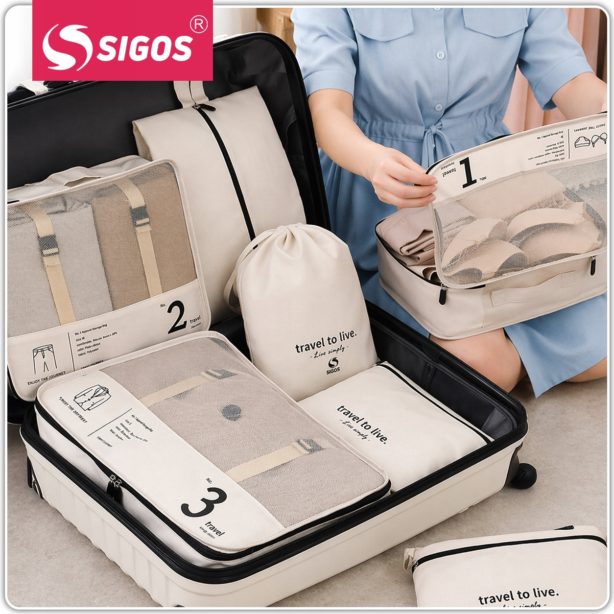 SET OF ORGANIZERS TRAVEL ORGANIZER SUITCASES WARDROBE CLOTHES SET OF 7 pcs BEIGE Packaging status original