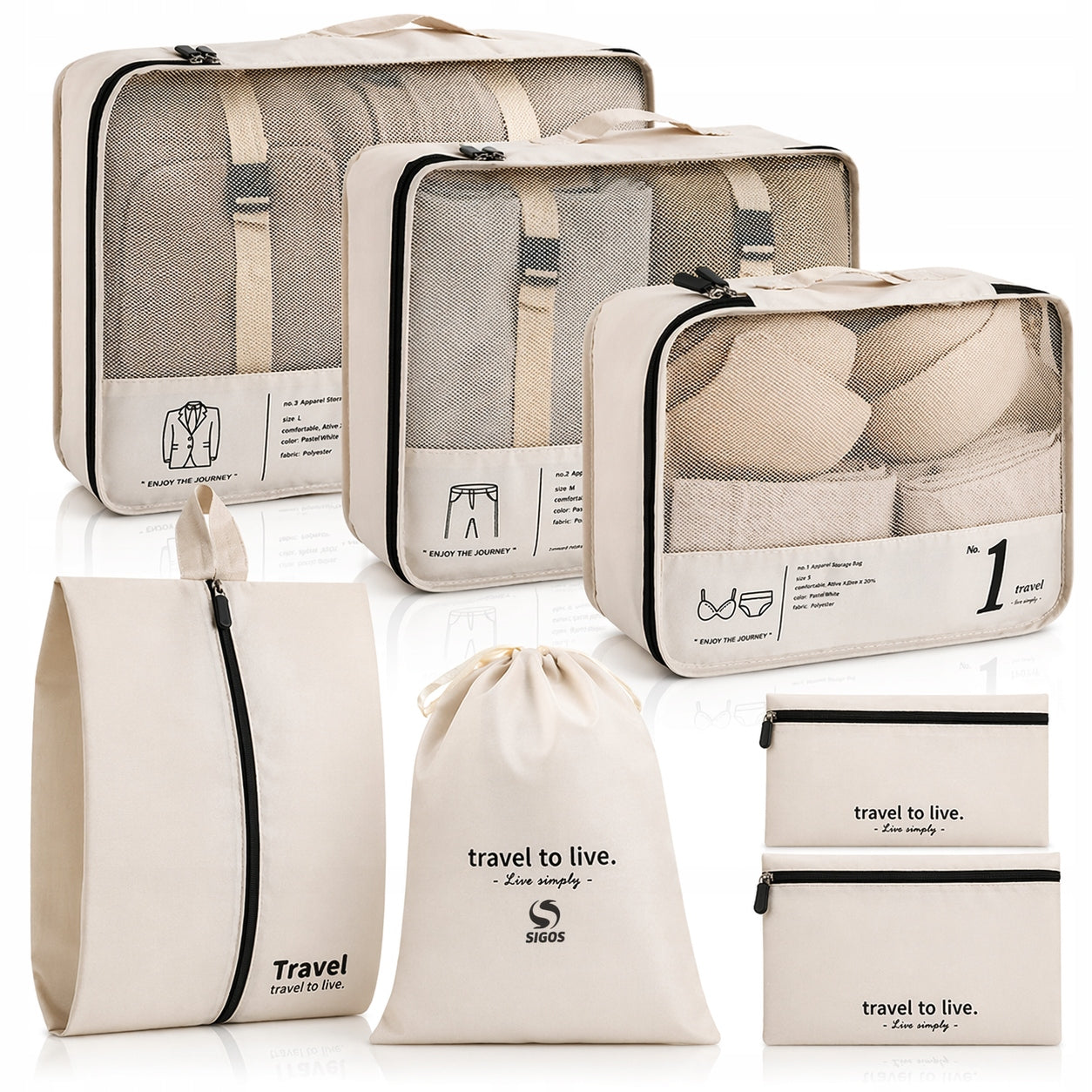 SET OF ORGANIZERS TRAVEL ORGANIZER SUITCASES WARDROBE CLOTHES SET OF 7 pcs BEIGE