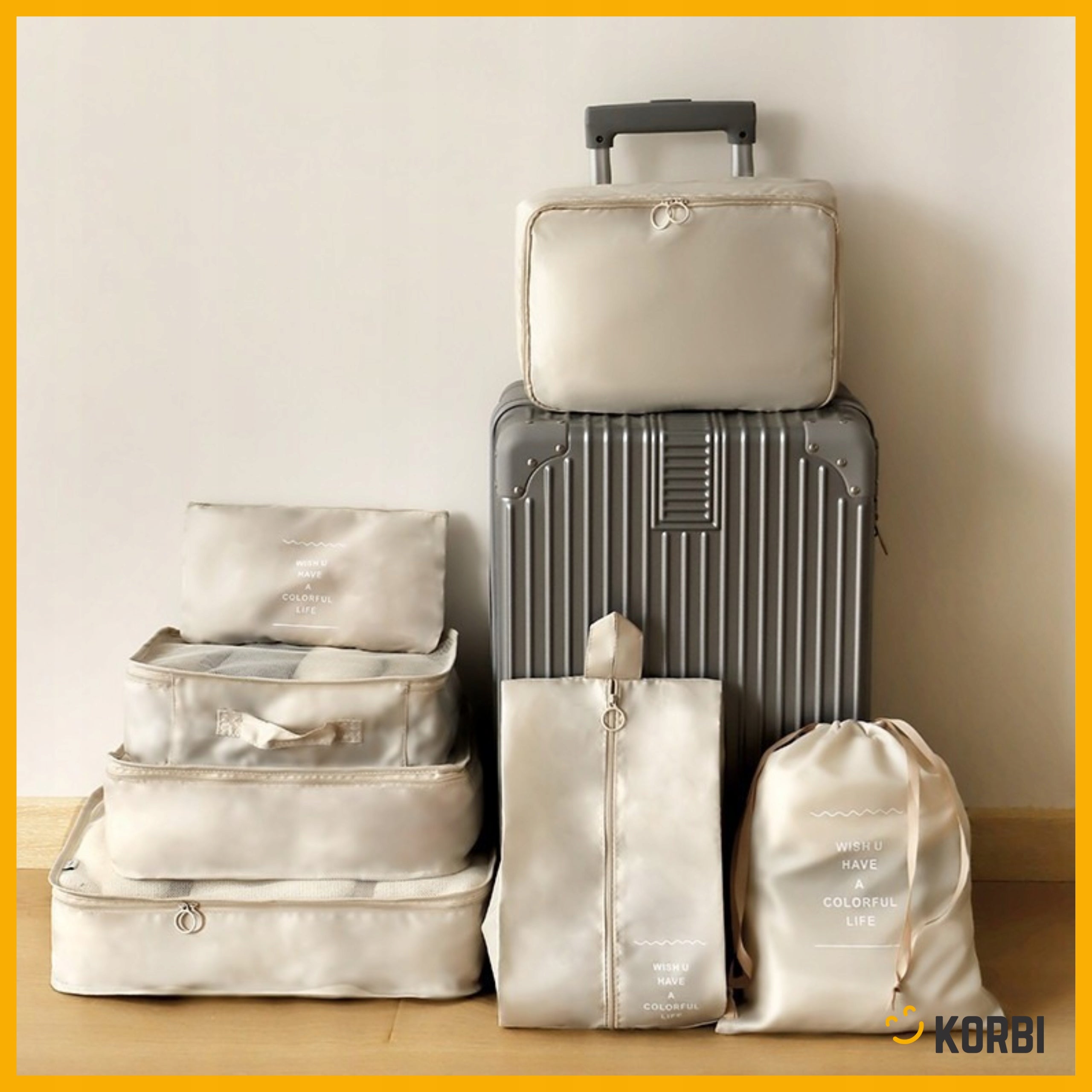 SET OF ORGANIZERS TRAVEL ORGANIZER SUITCASES WARDROBES CLOTHES SET 8pcs BEIGE Brand Korbi