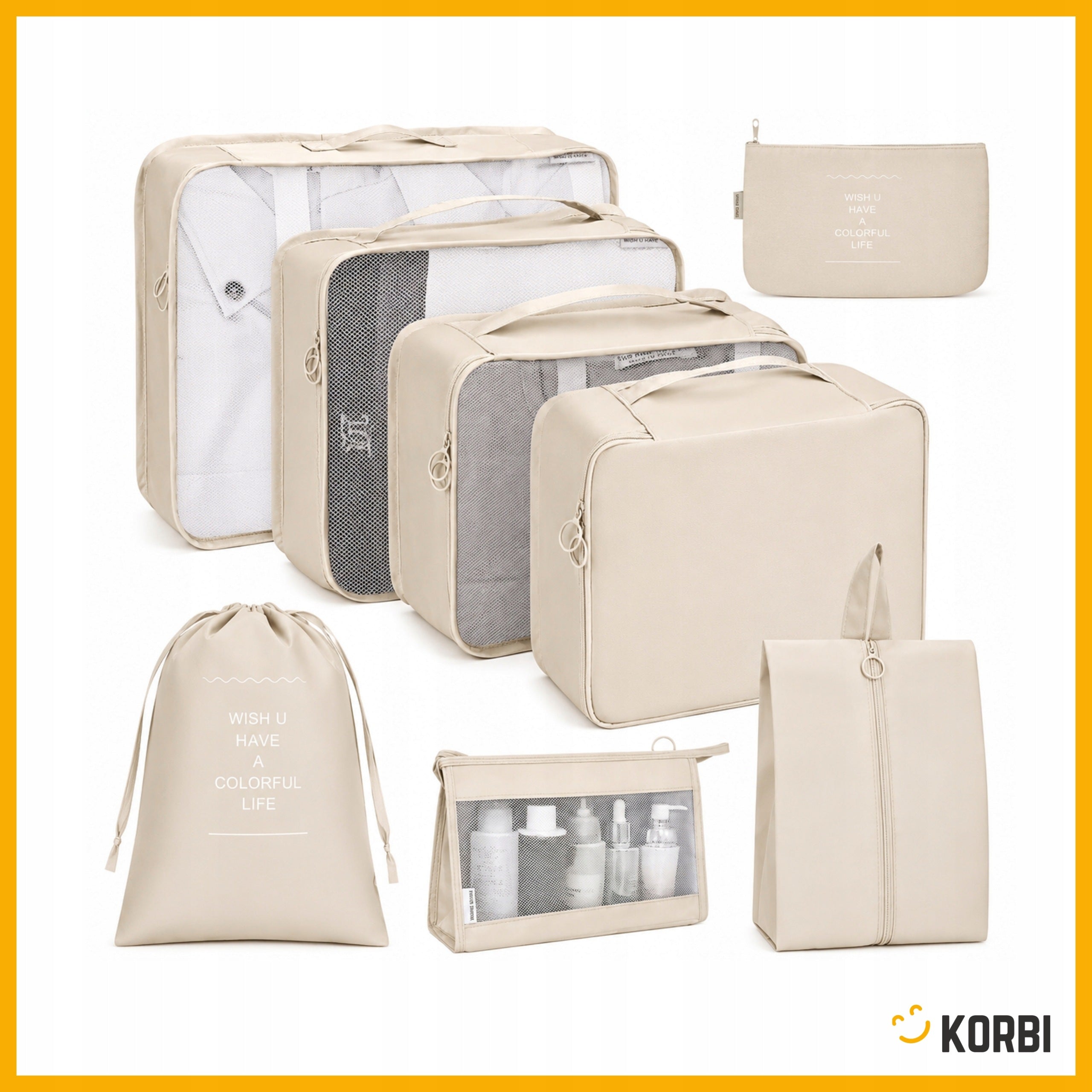 SET OF ORGANIZERS TRAVEL ORGANIZER SUITCASES WARDROBES CLOTHES SET 8pcs BEIGE Color beige