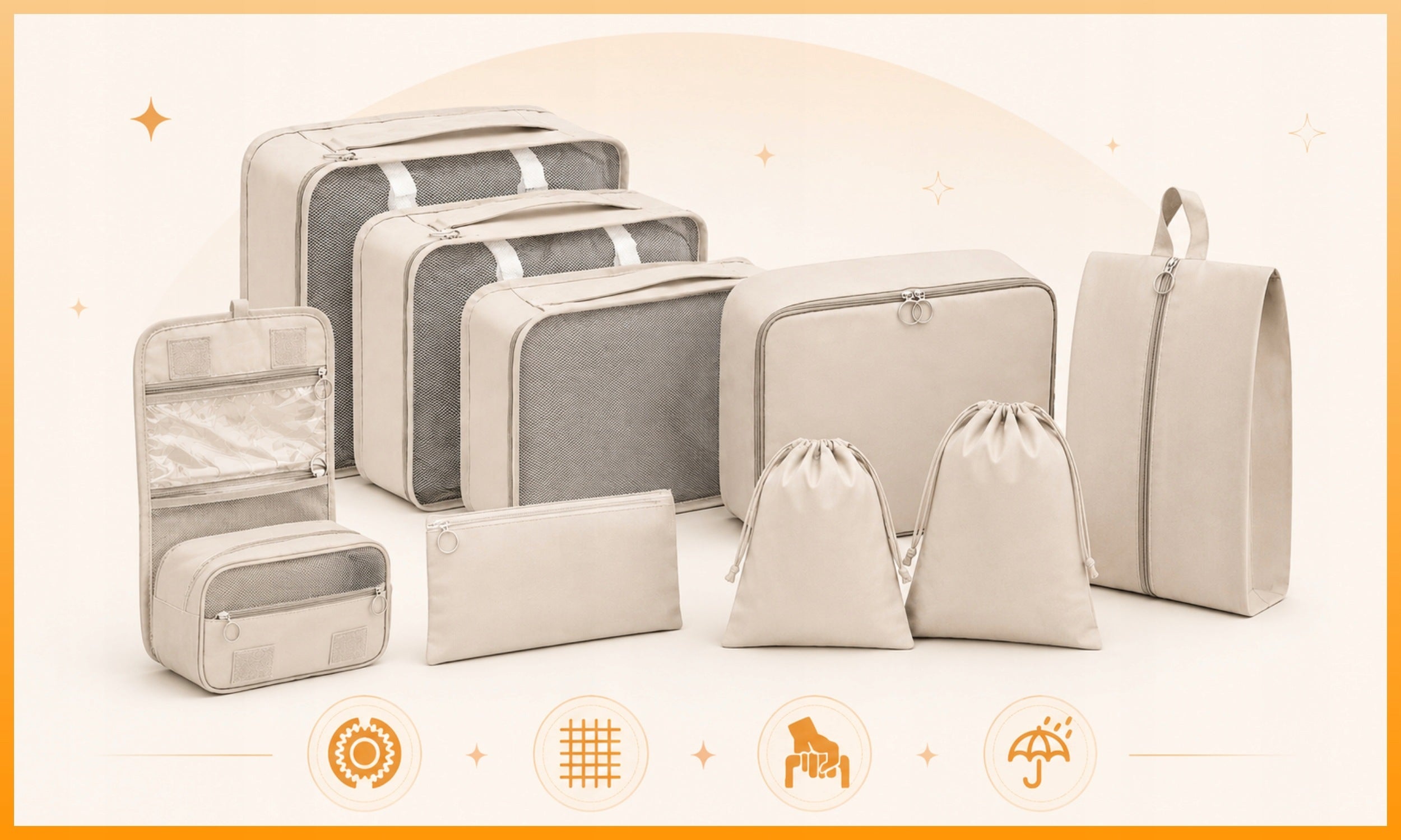 SET OF ORGANIZERS TRAVEL ORGANIZER SUITCASES WARDROBES CLOTHES SET 9pcs BEIGE Packaging status original