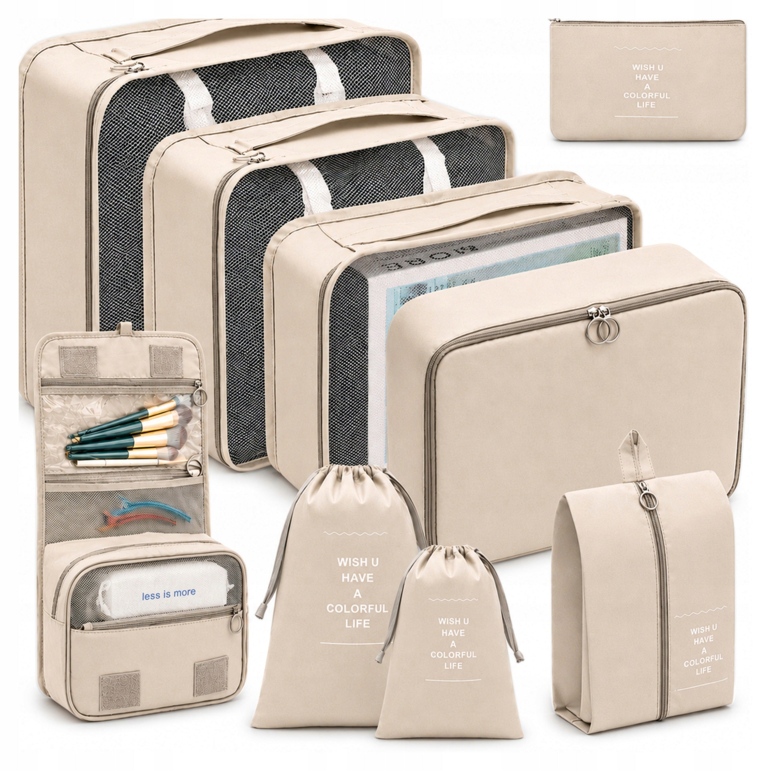SET OF ORGANIZERS TRAVEL ORGANIZER SUITCASES WARDROBES CLOTHES SET 9pcs BEIGE