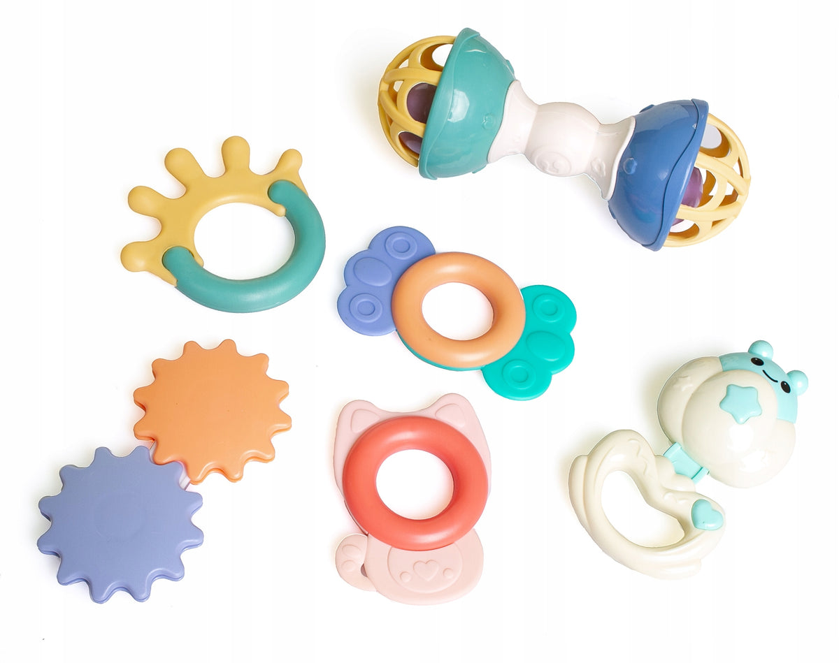 SET OF PASTEL RATTLES TEETHERS IN A BOX 6PCS Brand Doris