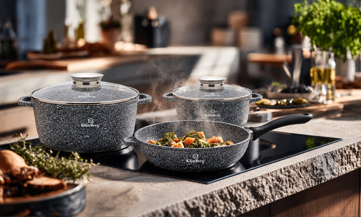 SET OF POTS 12 EL POTS SAUCEPAN PANS INDUCTION MARBLED LID Packaging status original