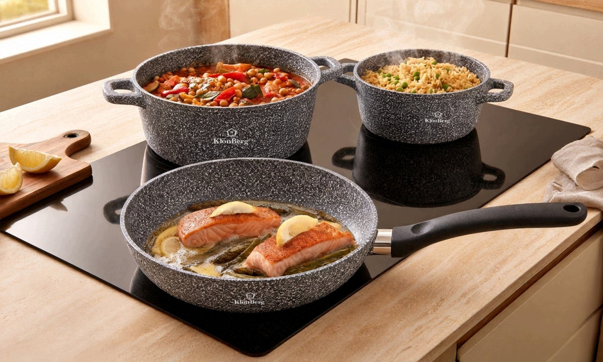 SET OF POTS 17 EL POTS PANS LIDS COASTERS INDUCTION FOR GAS Packaging status original
