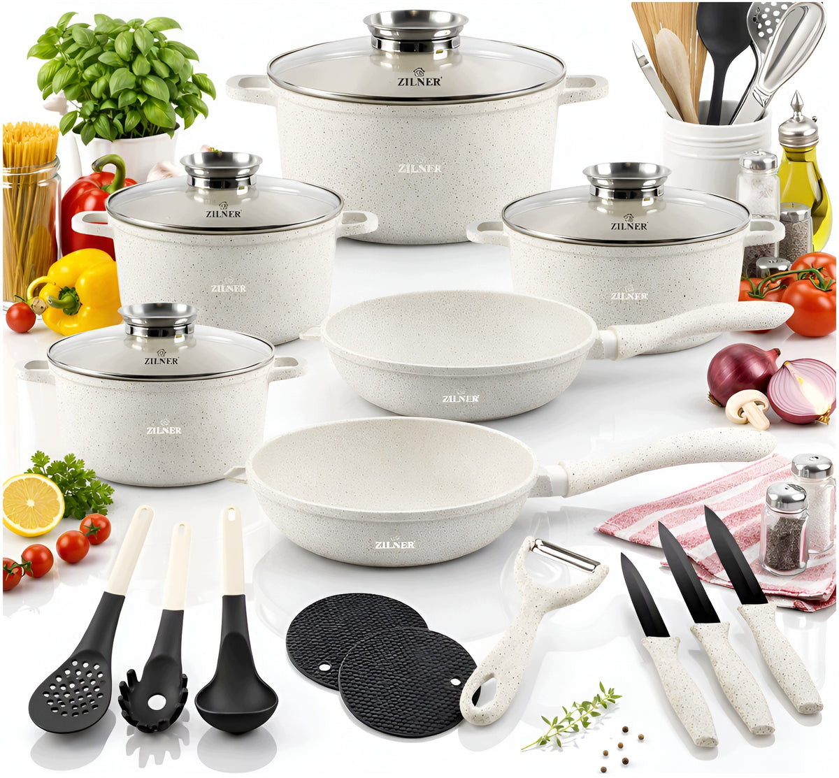 SET OF POTS GAS INDUCTION SET OF POTS FRYING PAN CER.- MARBLE Z-8575