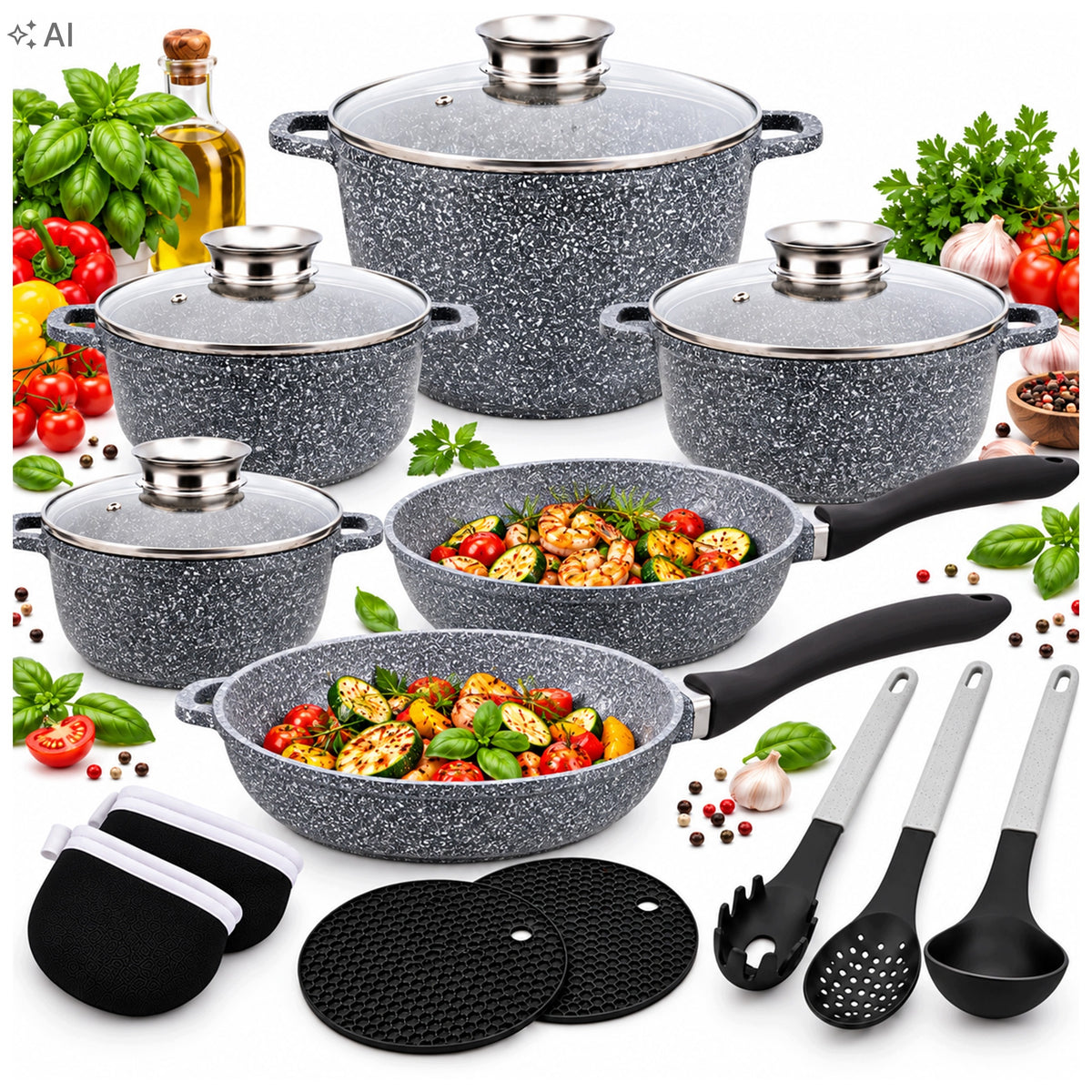 SET OF POTS INDUCTION FOR GAS MARBLE SET OF PANS POT 11L LIDS