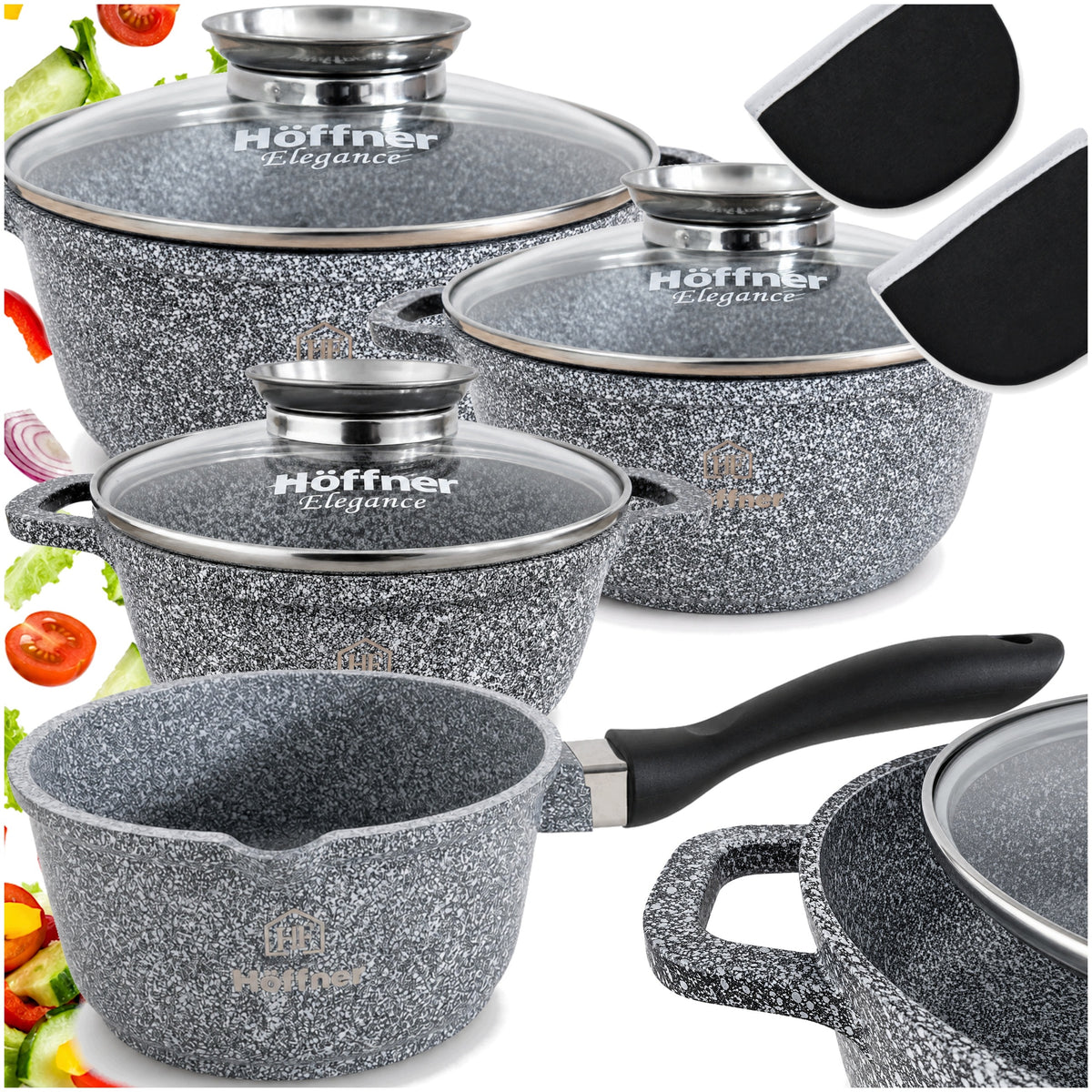 SET OF POTS INDUCTION SET GAS POTS MARBLE SAUCEPAN LIDS 9 EL