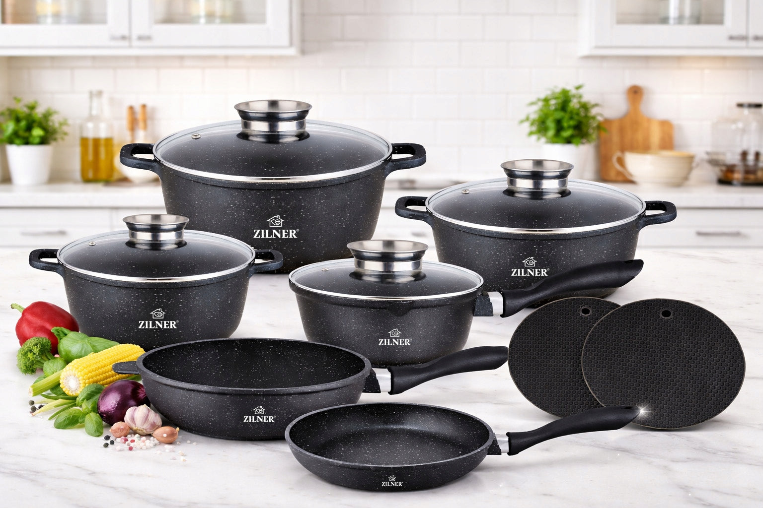 SET OF POTS INDUCTION SET OF POTS GAS PAN MARBLE LIDS 12EL Number of items in the set 12