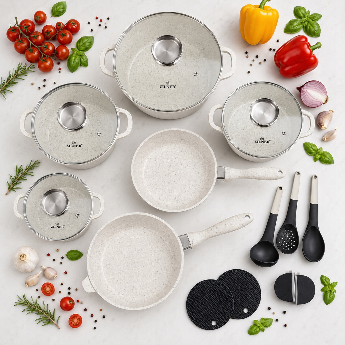 SET OF POTS INDUCTION SET OF POTS GAS PAN MARBLE LIDS 17EL Packaging status original