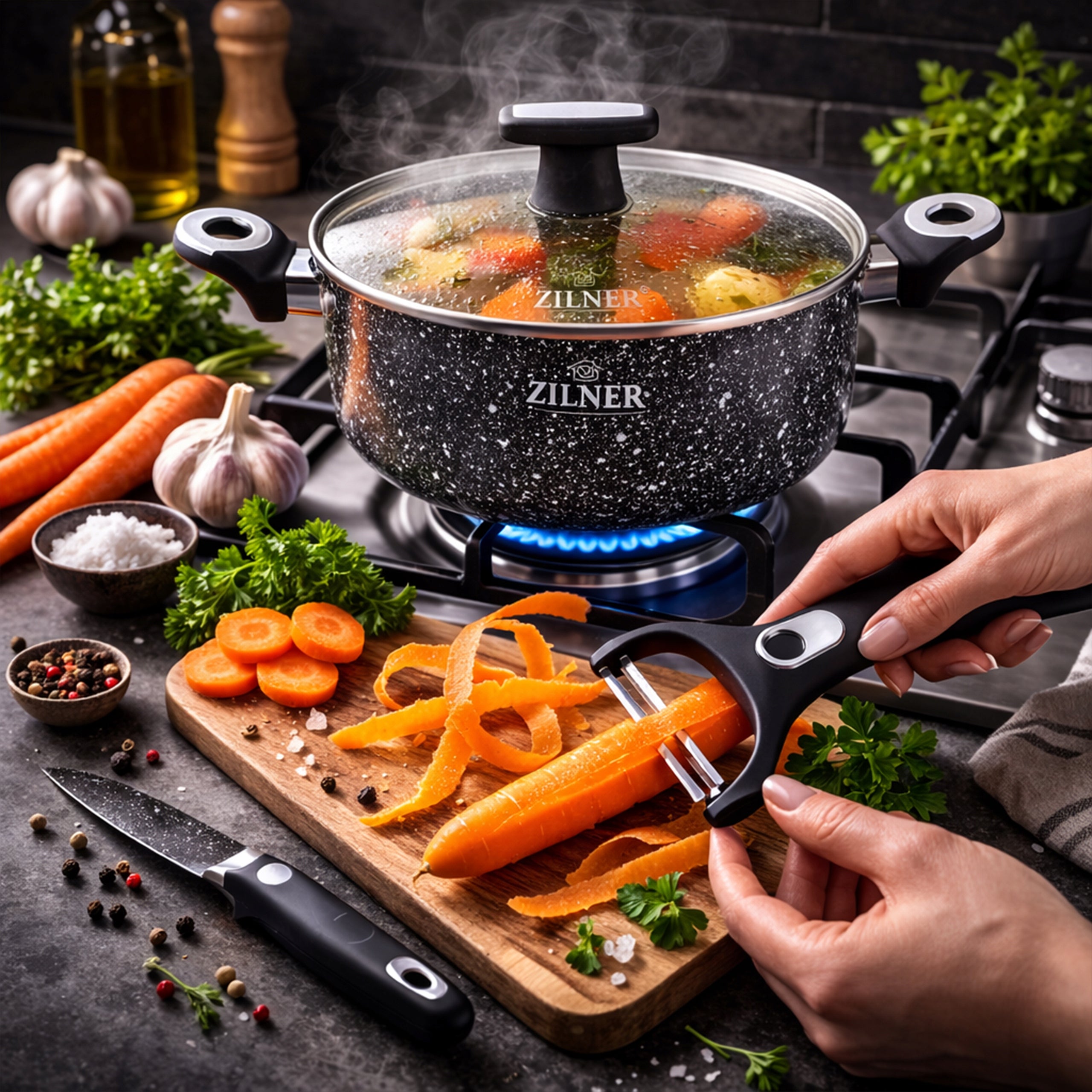 SET OF POTS INDUCTION SET OF POTS MARBLE PAN SAUCEPAN KNIVES 19ELE Color black