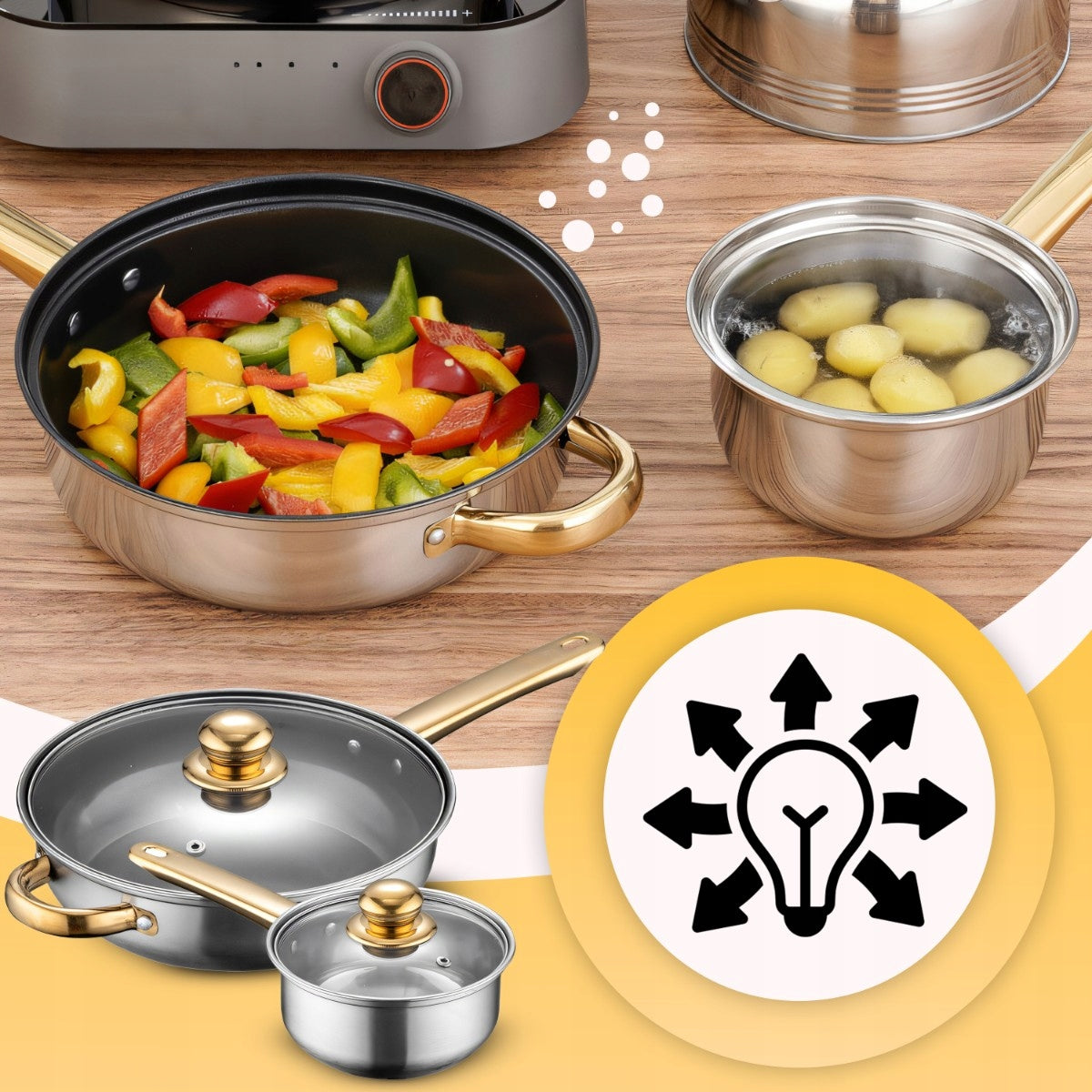 SET OF POTS KETTLE + FRYING PAN + LIDS 11 EL. KITCHEN GAS INDUCTION Material stainless steel