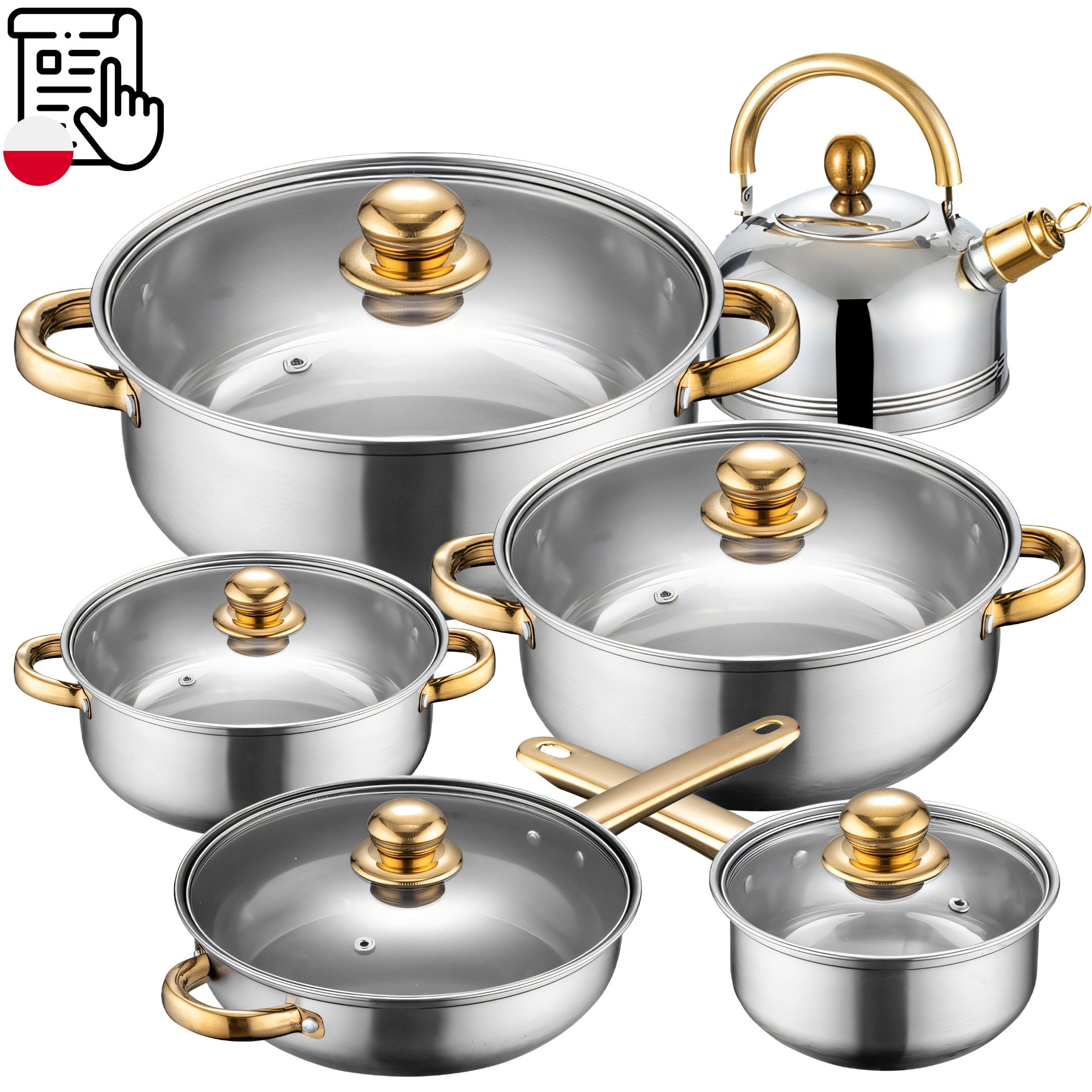 SET OF POTS KETTLE + FRYING PAN + LIDS 11 EL. KITCHEN GAS INDUCTION Packaging status original