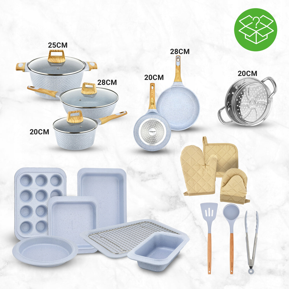 SET OF POTS KITCHEN UTENSILS 22 ELEMENTS PANS PACKS WITHOUT PTFE PFAS Manufacturer code NCCW22GRA