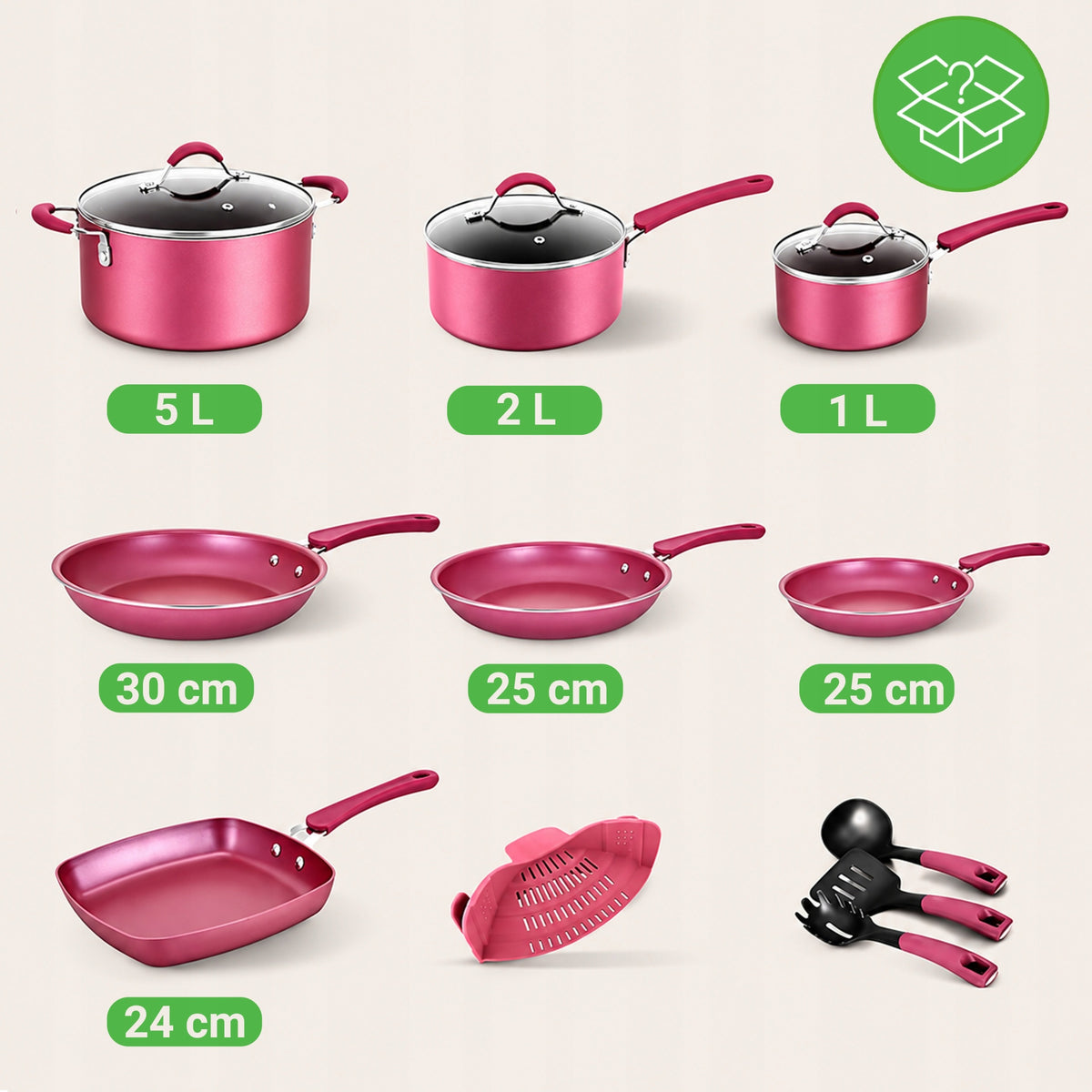 SET OF POTS PANS KITCHEN UTENSILS POTS INDUCTION GAS 20 EL PINK Packaging status original