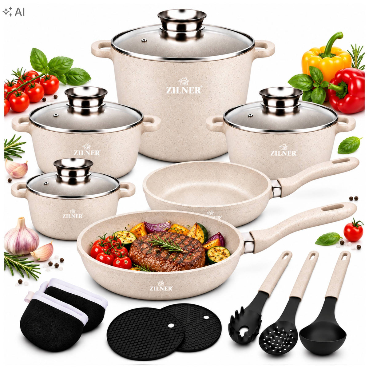 SET OF POTS SET MARBLE 17 EL INDUCTION GAS POT 11L PANS BEIGE