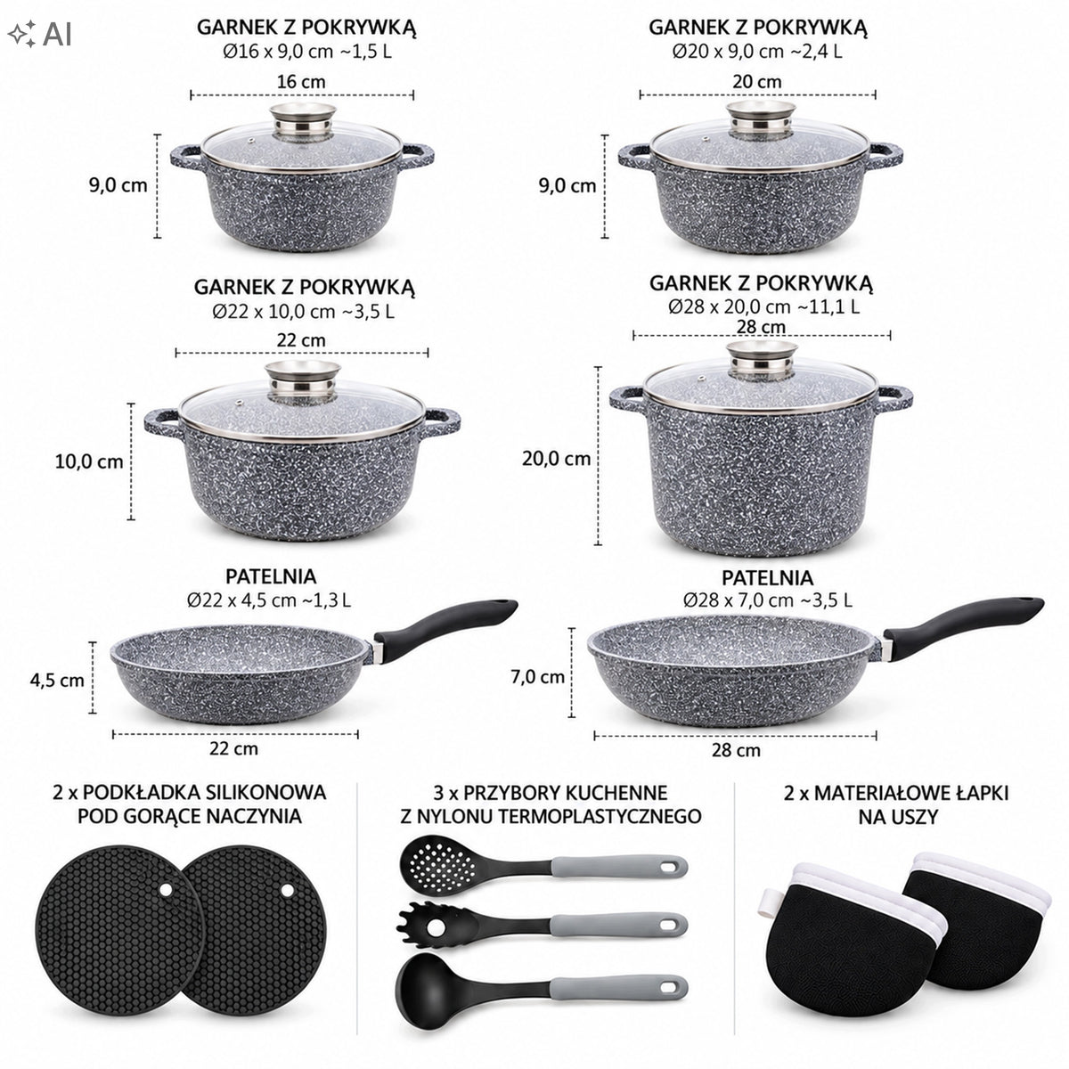 SET OF POTS SET MARBLE 17 EL INDUCTION GAS POT 11L PANS GREY Manufacturer code 8881 ZILNER