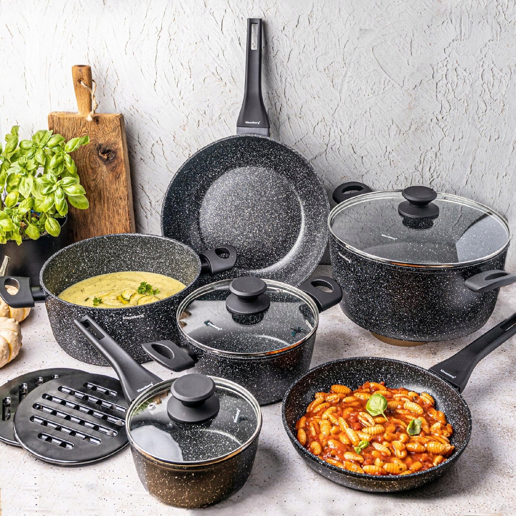 SET OF POTS with MARBLE COATING Pots Pan Rondel INDUCTION GAS Line garnki