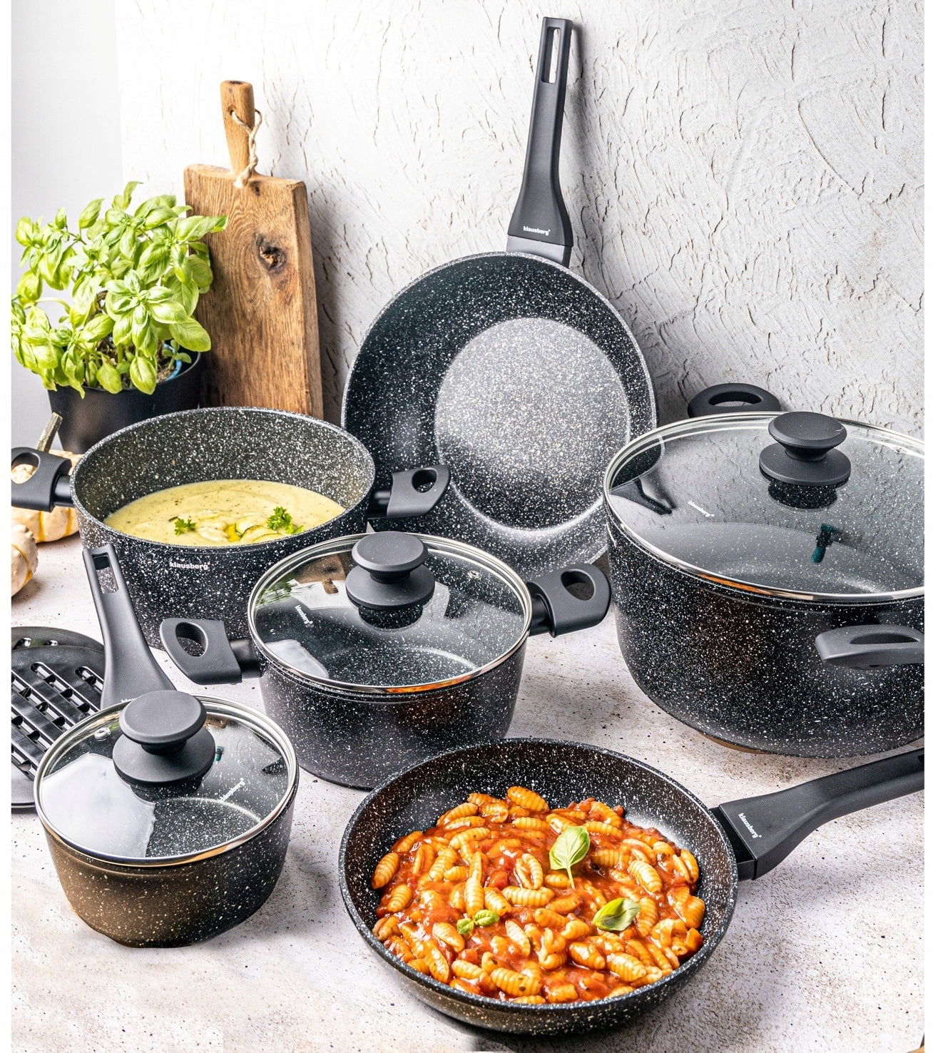 SET OF POTS with MARBLE COATING Pots Pan Rondel INDUCTION GAS Material aluminum