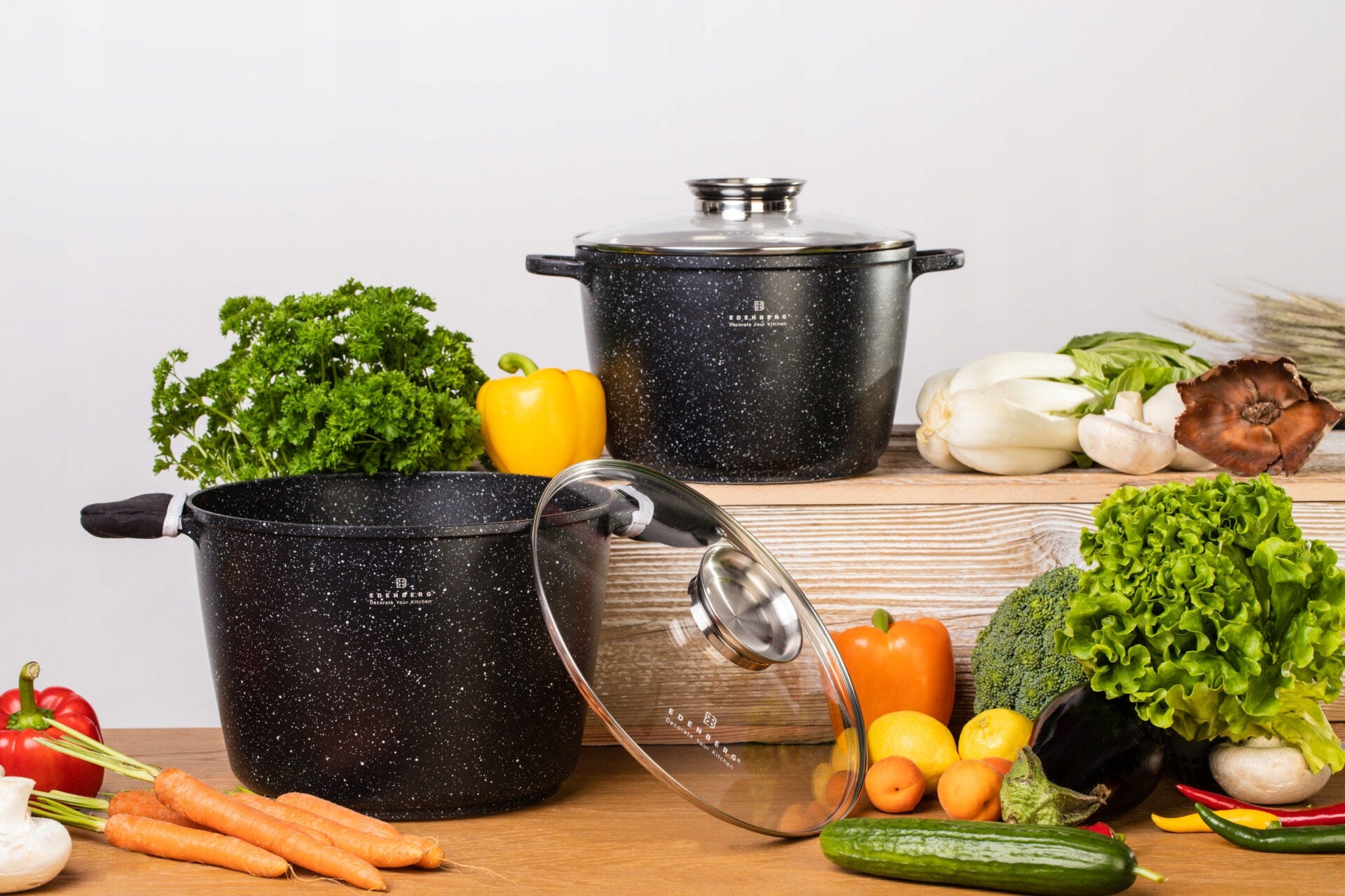 SET OF POTS with lid MARBLE GAS INDUCTION 6L / 10L BLACK Line EB-8133