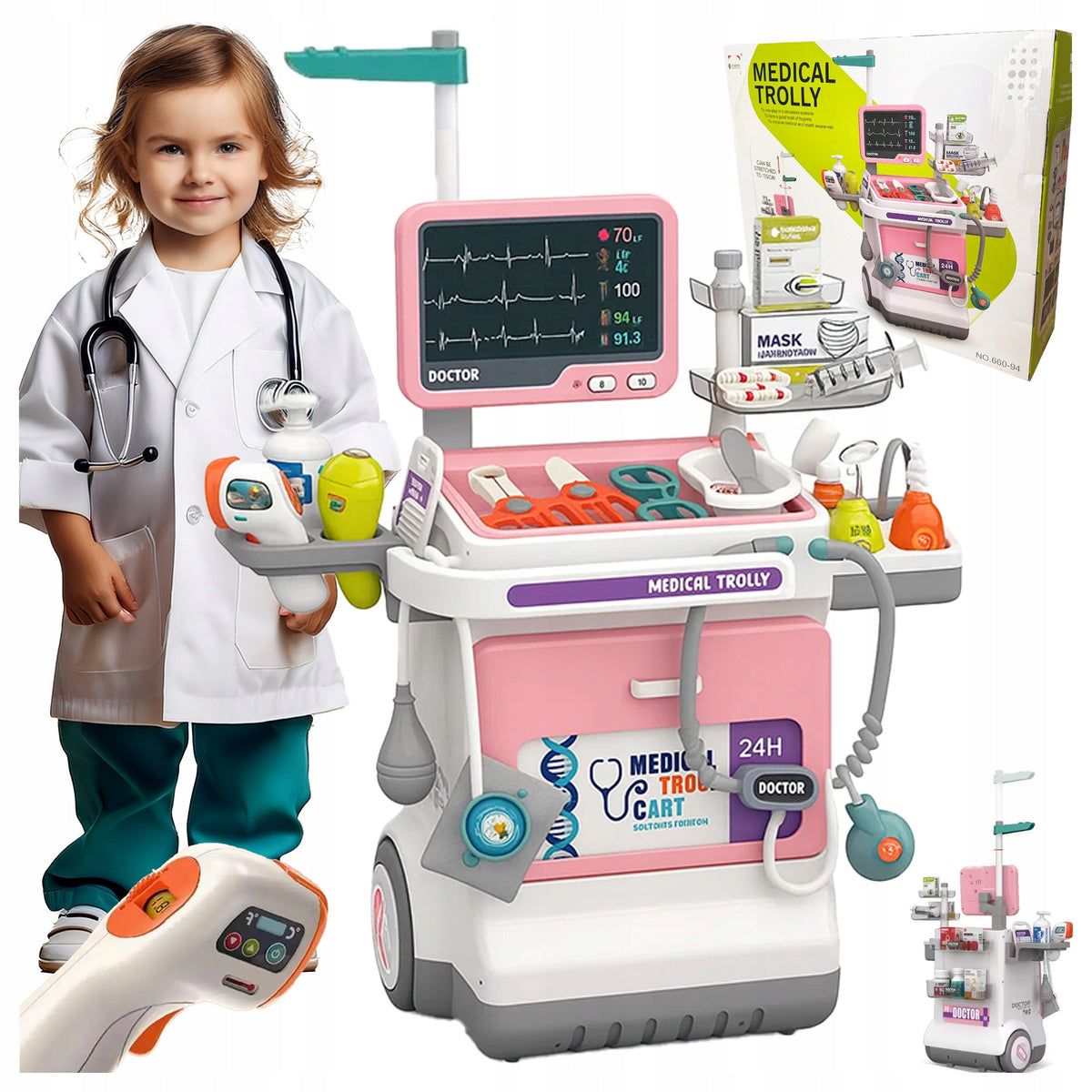 SET OF SMALL DOCTOR MEDICAL TROLLEY RTG EKG STETHOSCOPE SOUNDS