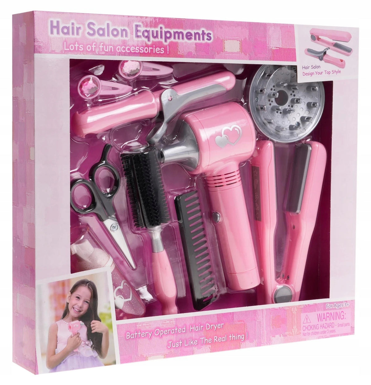 SET OF SMALL HAIRDRESSER HAIRDRYER CURLING IRON PROFESSIONAL SALON FOR CHILDREN