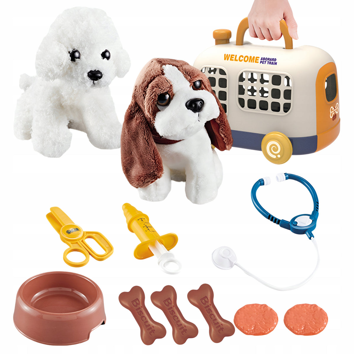 SET OF SMALL VETERINARIAN PLUSH DOG + TRANSPORTER HEADPHONES UTENSILS Packaging status original