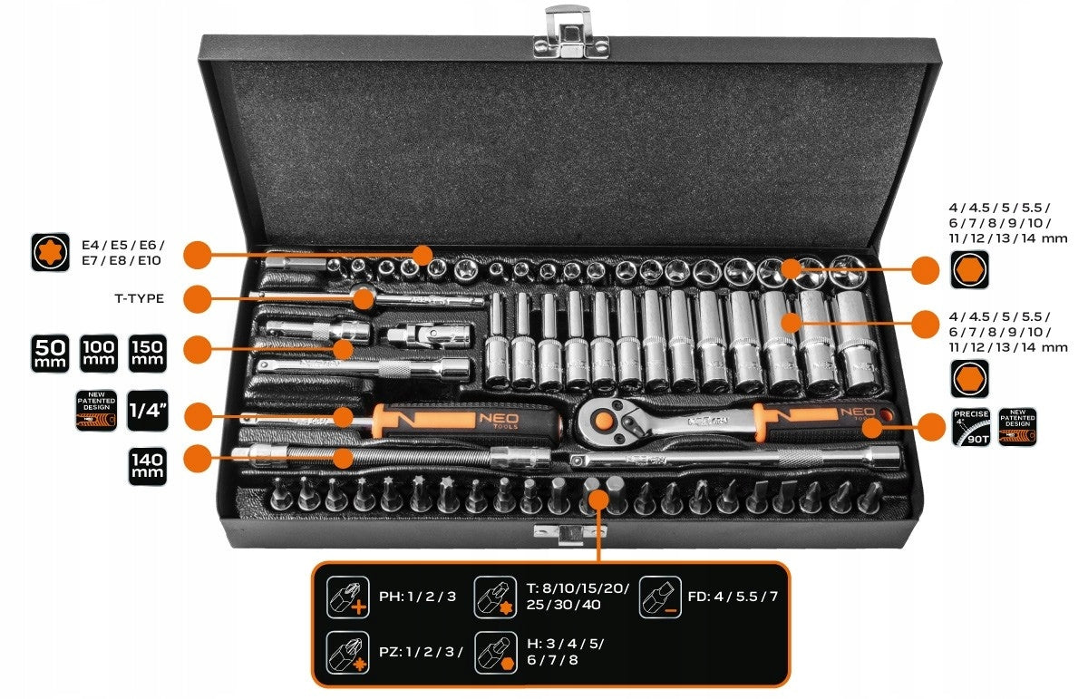 SET OF SOCKET WRENCHES 1/4'' 63 el +RATTLE SUITCASE 10-008 BITS NEO