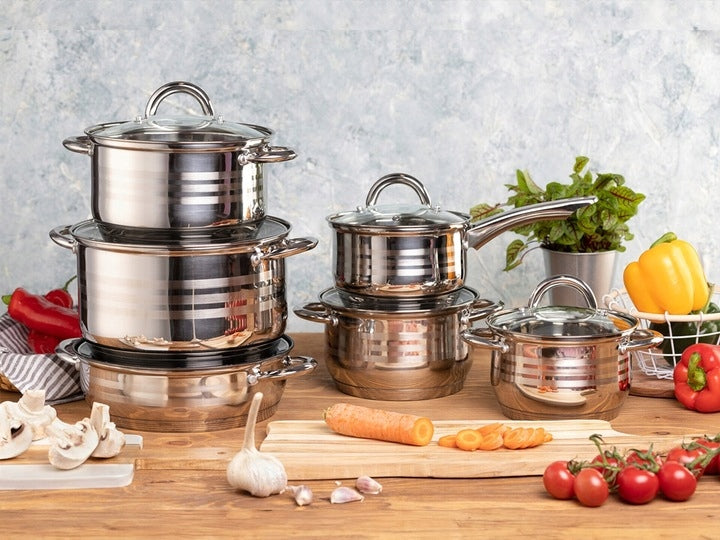 SET OF STAINLESS STEEL INDUCTION GAS POTS SET OF 12 ELE ZILNER Packaging status original