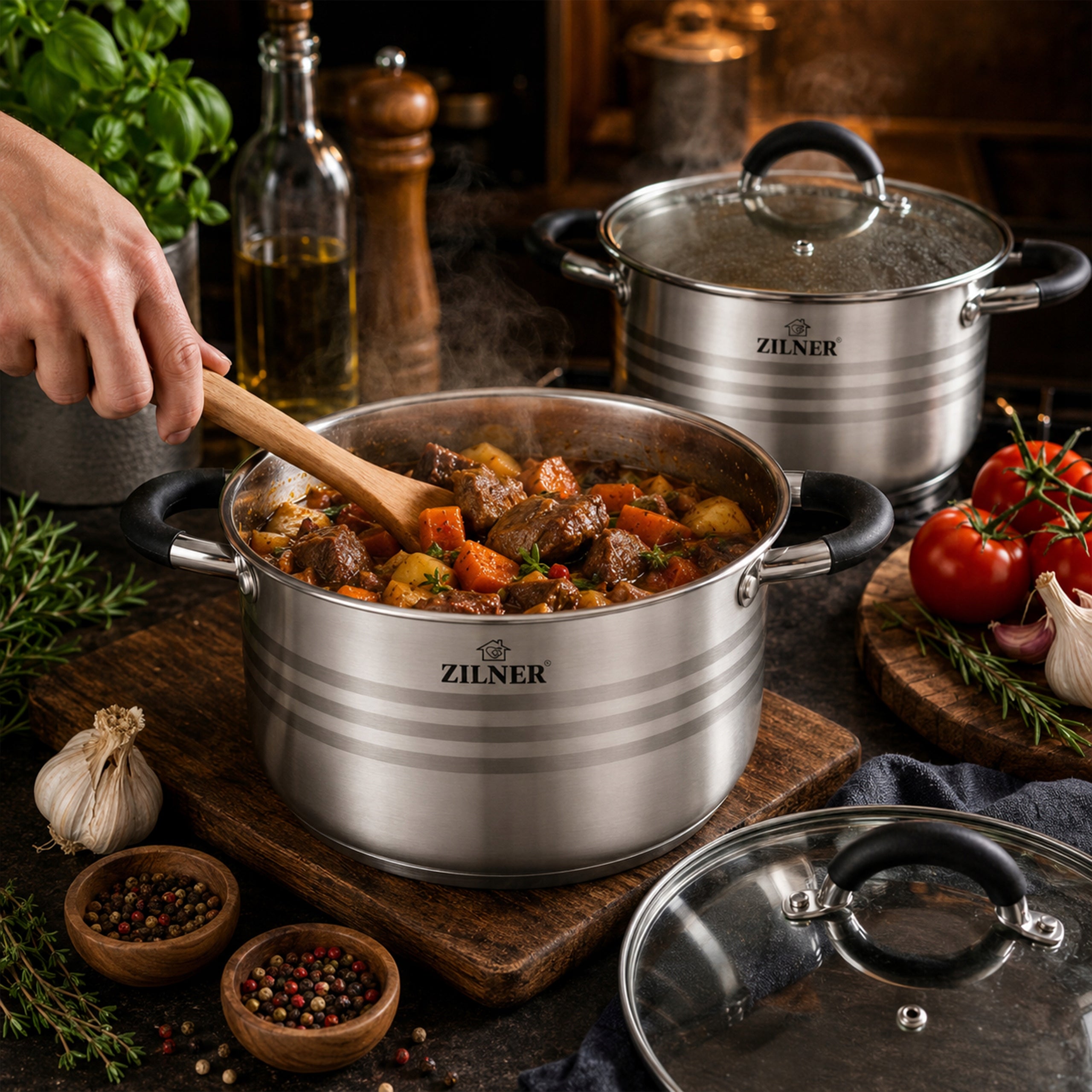 SET OF STAINLESS STEEL POTS FOR INDUCTION AND GAS POTS 12EL ZILNER Color black