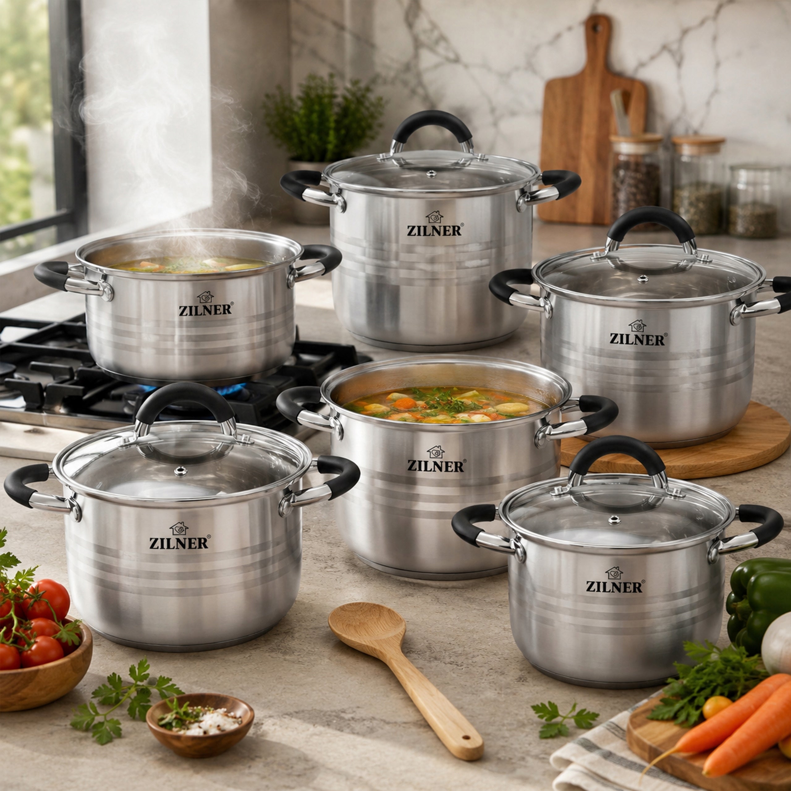 SET OF STAINLESS STEEL POTS FOR INDUCTION AND GAS POTS 12EL ZILNER Manufacturer code 8332