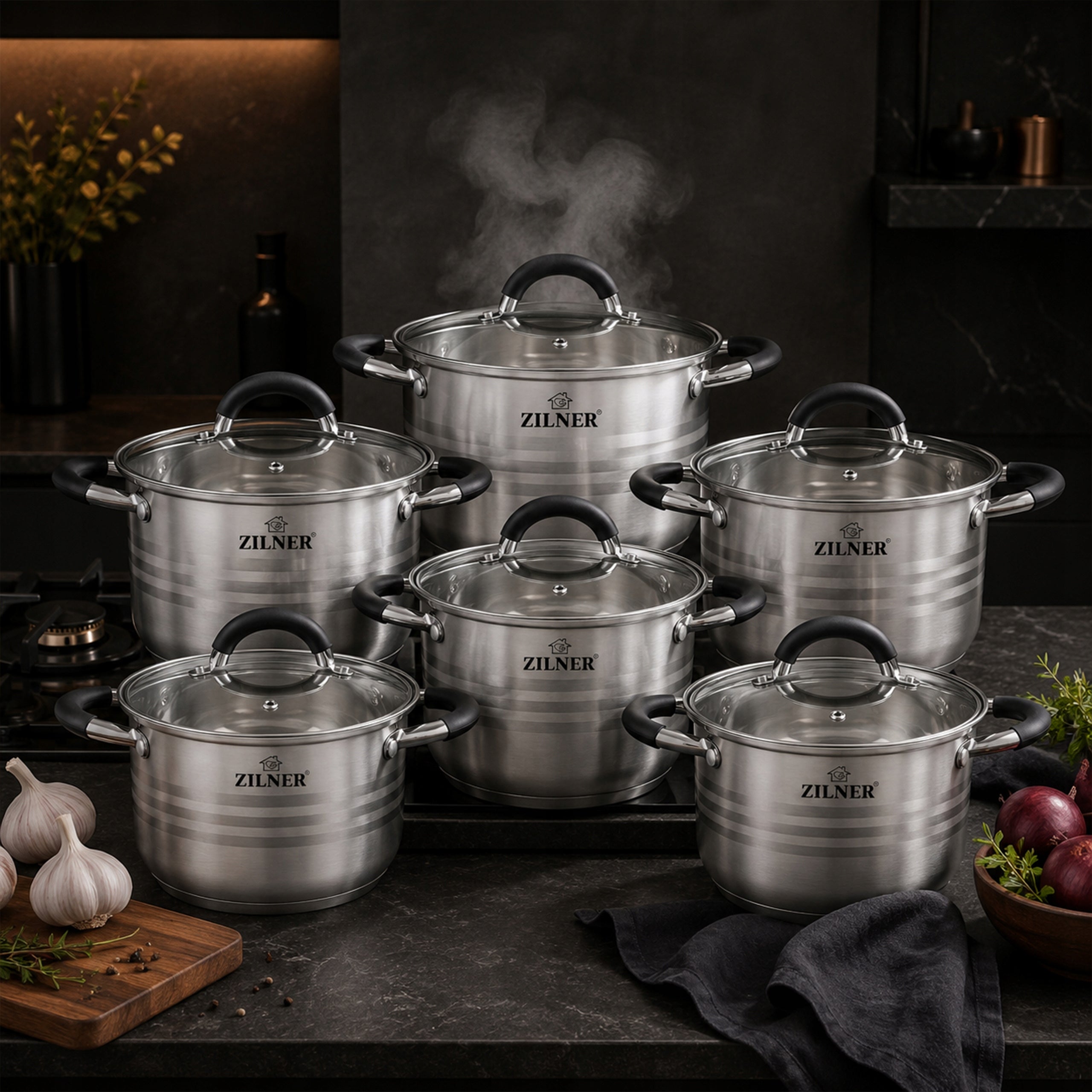 SET OF STAINLESS STEEL POTS FOR INDUCTION AND GAS POTS 12EL ZILNER Number of items in the set 12