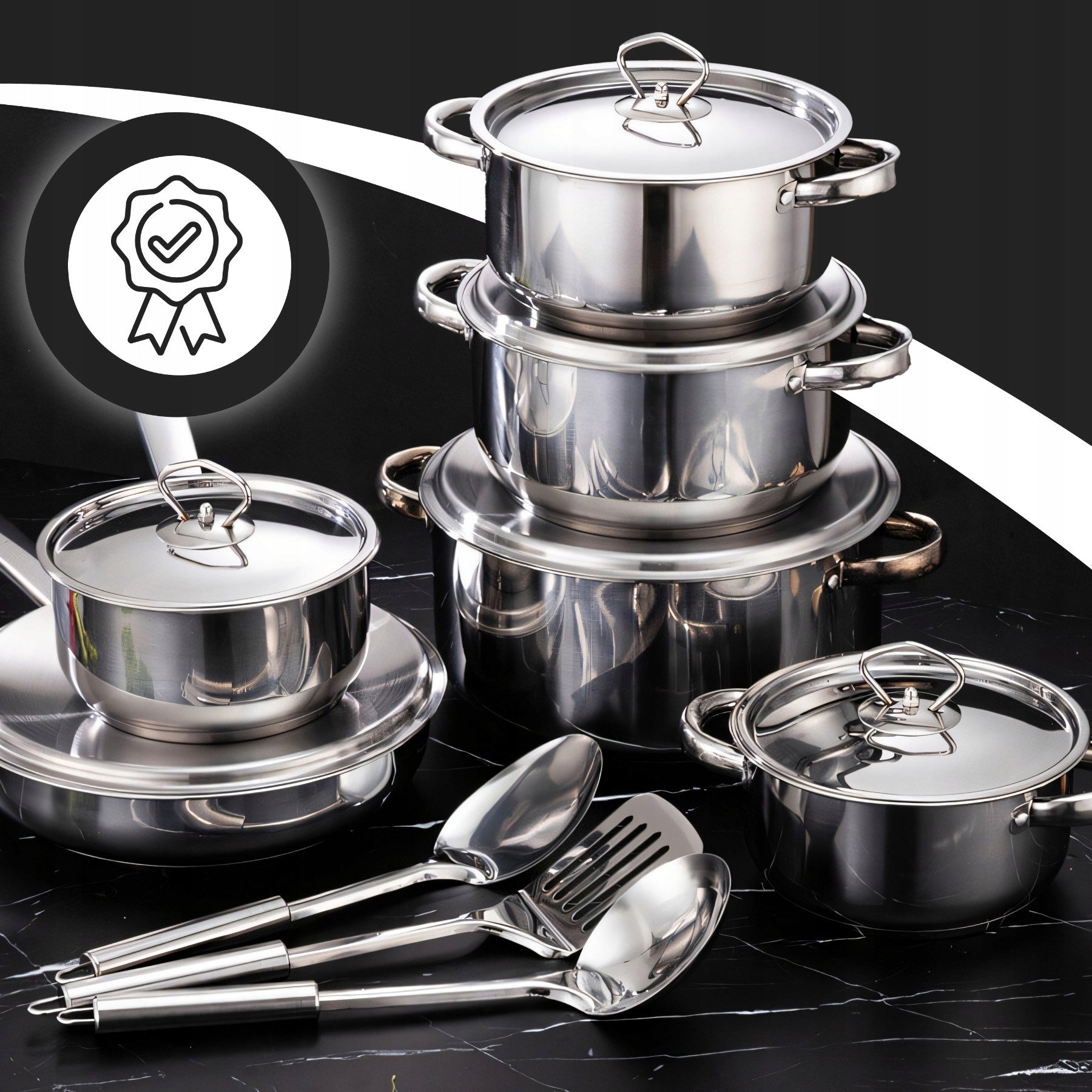 SET OF STEEL POTS 15 ELEMENTS FRYING PAN + SCOOPS + LIDS Color silver
