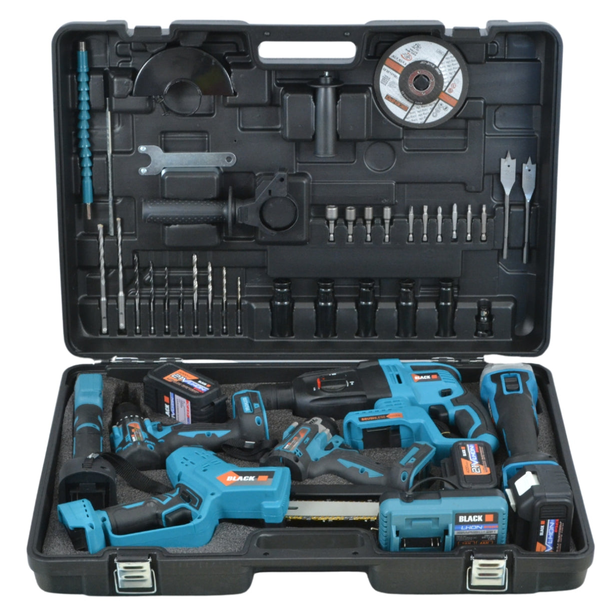 SET OF TOOLS AKU 21V 6in1 HAMMER WRENCH GRINDER SCREWDRIVER SAW PRUNER Brand Black