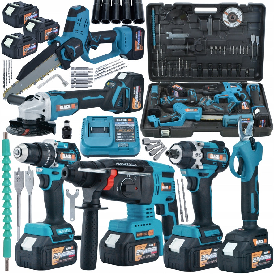 SET OF TOOLS AKU 21V 6in1 HAMMER WRENCH GRINDER SCREWDRIVER SAW PRUNER