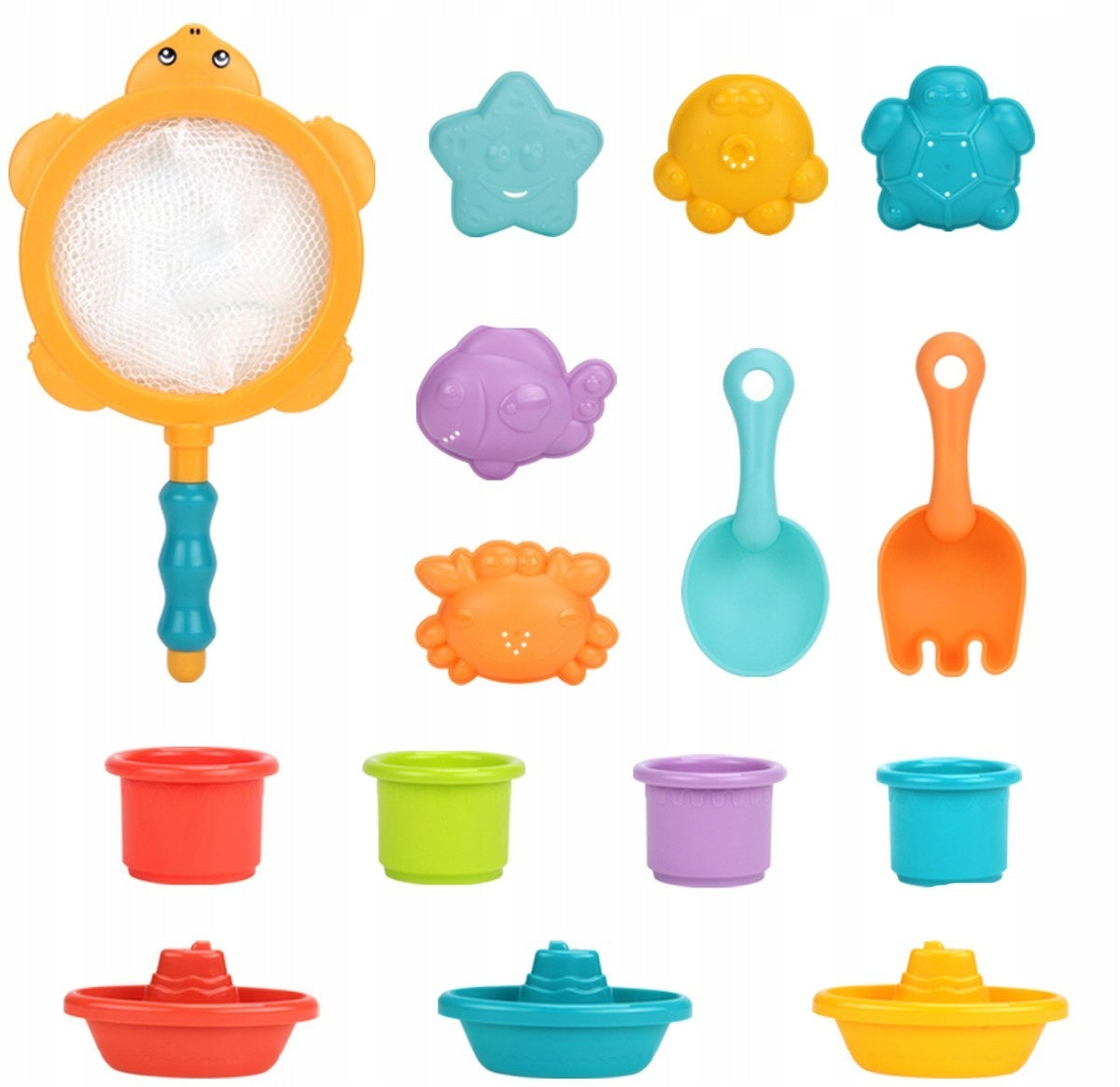 SET OF TOYS WITH MESH TURTLE FOR BATH, SAND, POOL, BEACH 15 ELEMENTS.