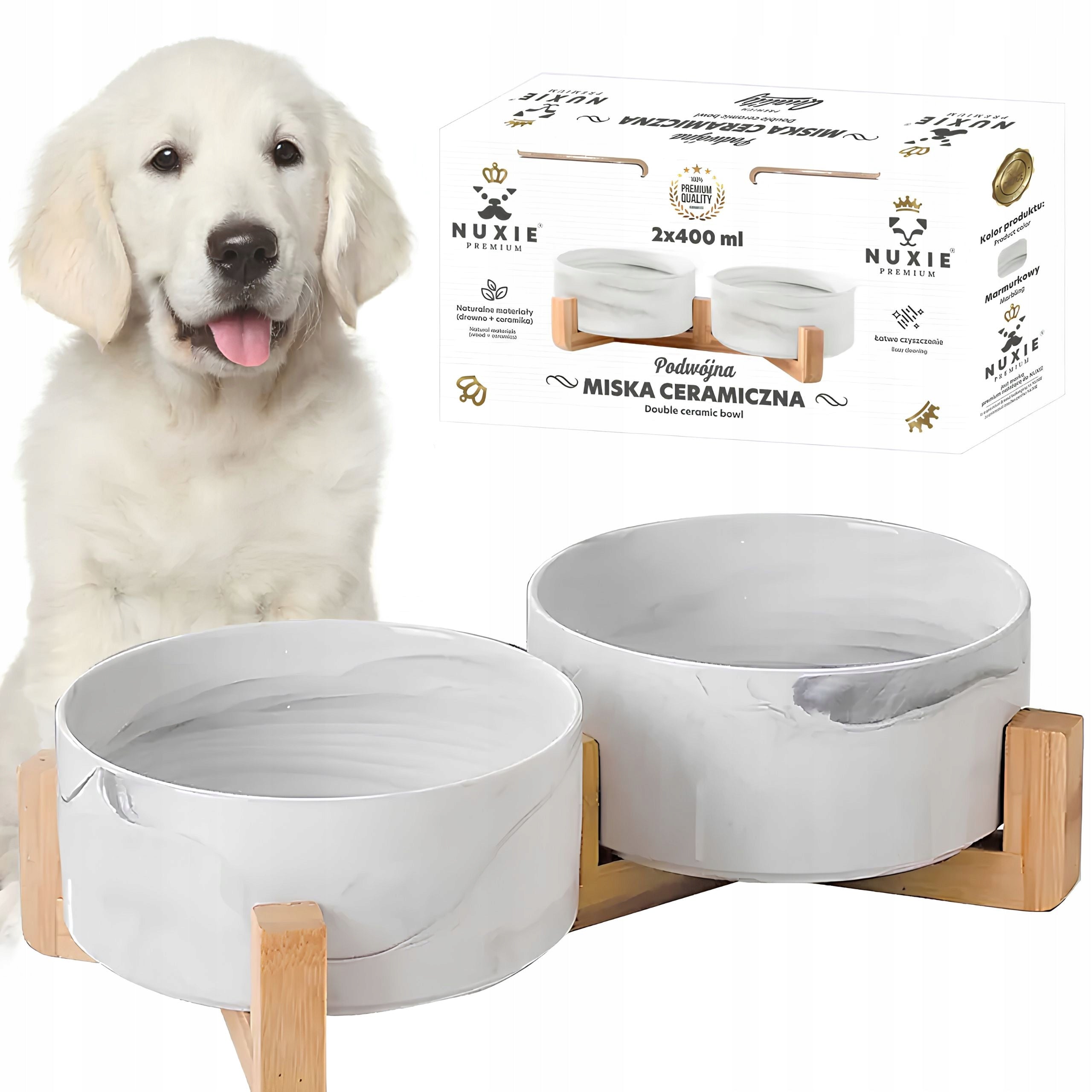 SET OF TWO BOWLS FOR DOG CAT CERAMIC ON STAND MARBLE 2x400ml