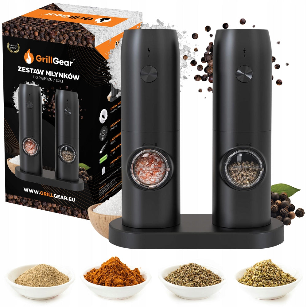 SET OF TWO PEPPER AND SALT GRINDERS WITH CHARGING STAND Packaging status original